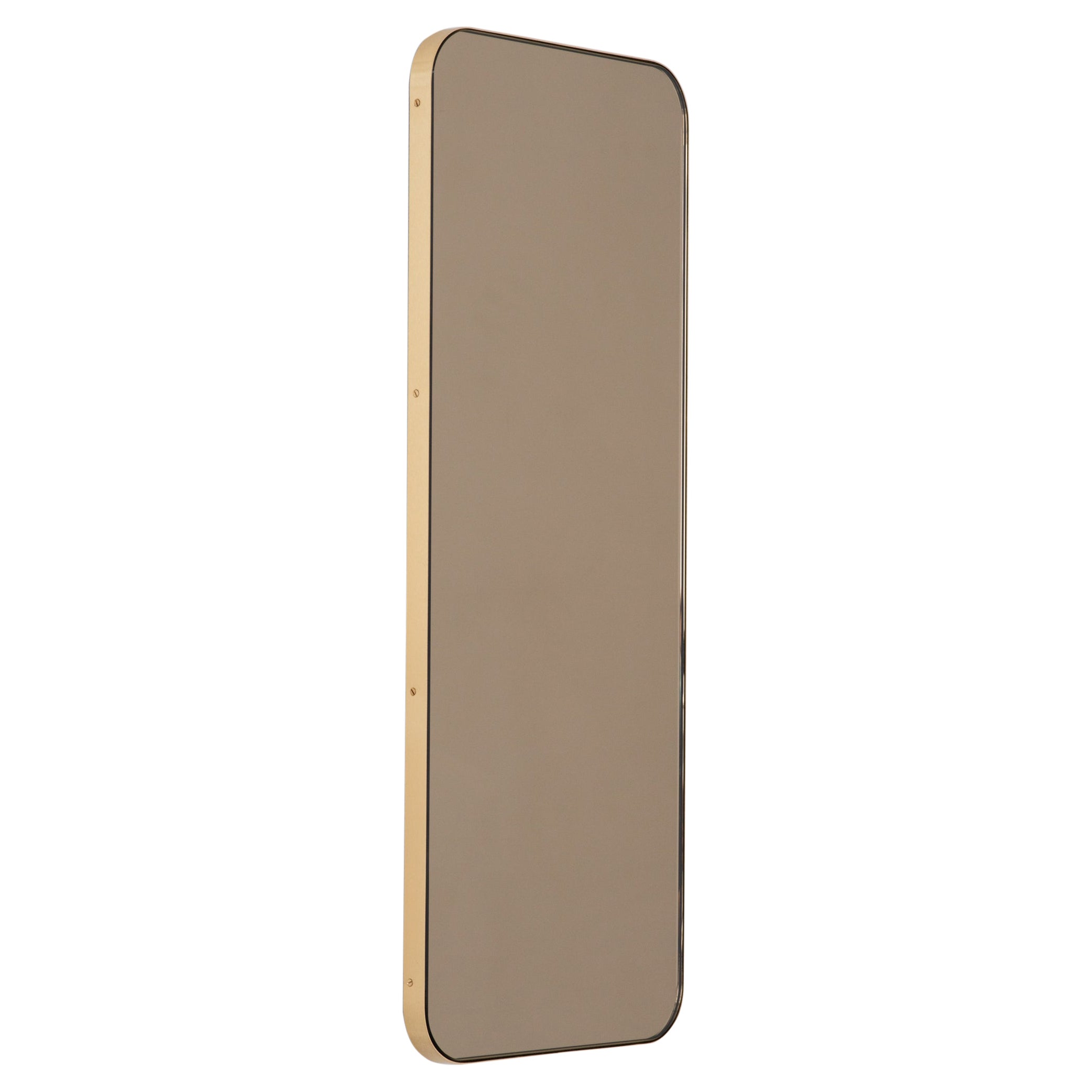 Quadris Bronze Tinted Rectangular Contemporary Mirror with a Brass Frame, Small For Sale