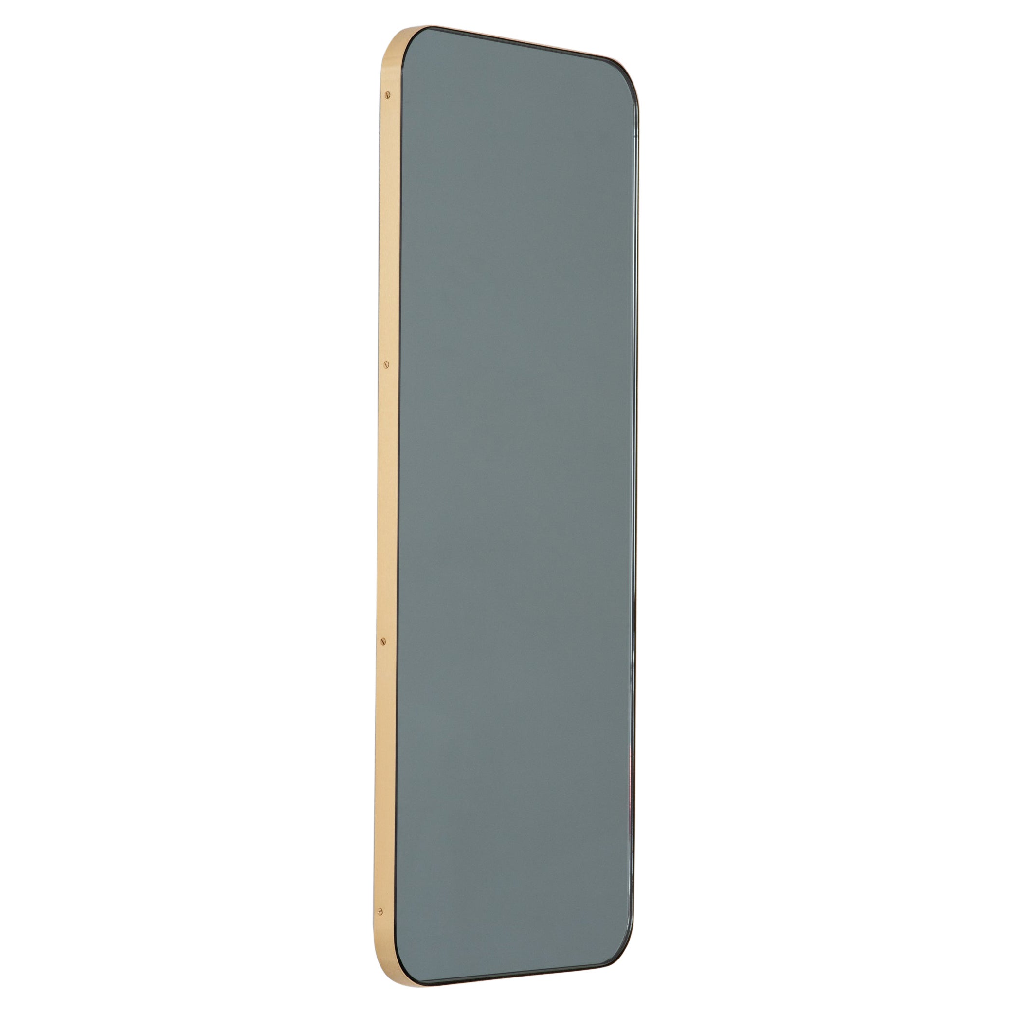 Quadris Rectangular Black Tinted Contemporary Mirror with Brass Frame, XL For Sale