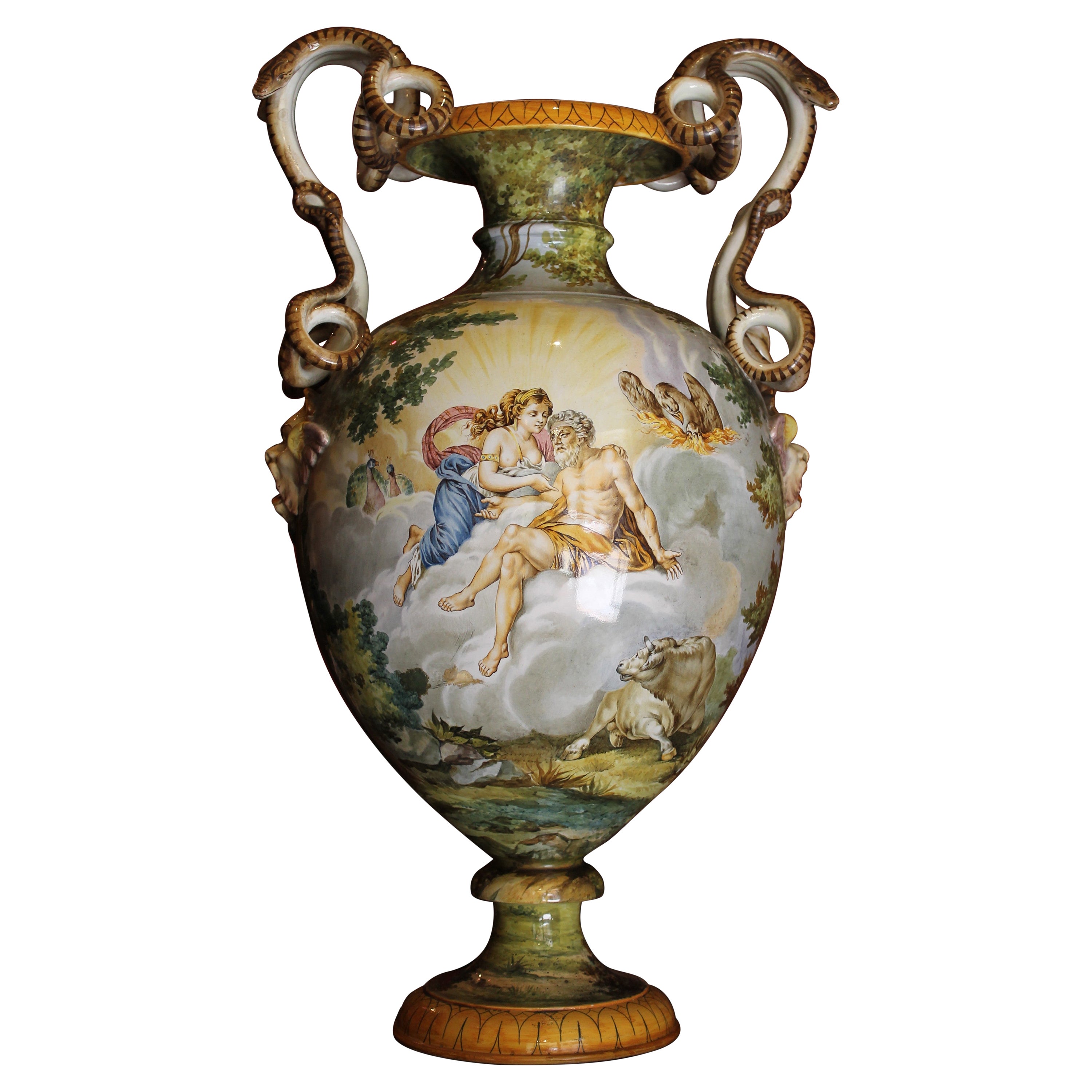 Ginori, Italian Hand Painted Faience Vase, Snakes Handles Renaissance Revival