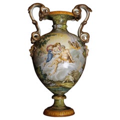 Antique Ginori, Italian Hand Painted Faience Vase, Snakes Handles Renaissance Revival