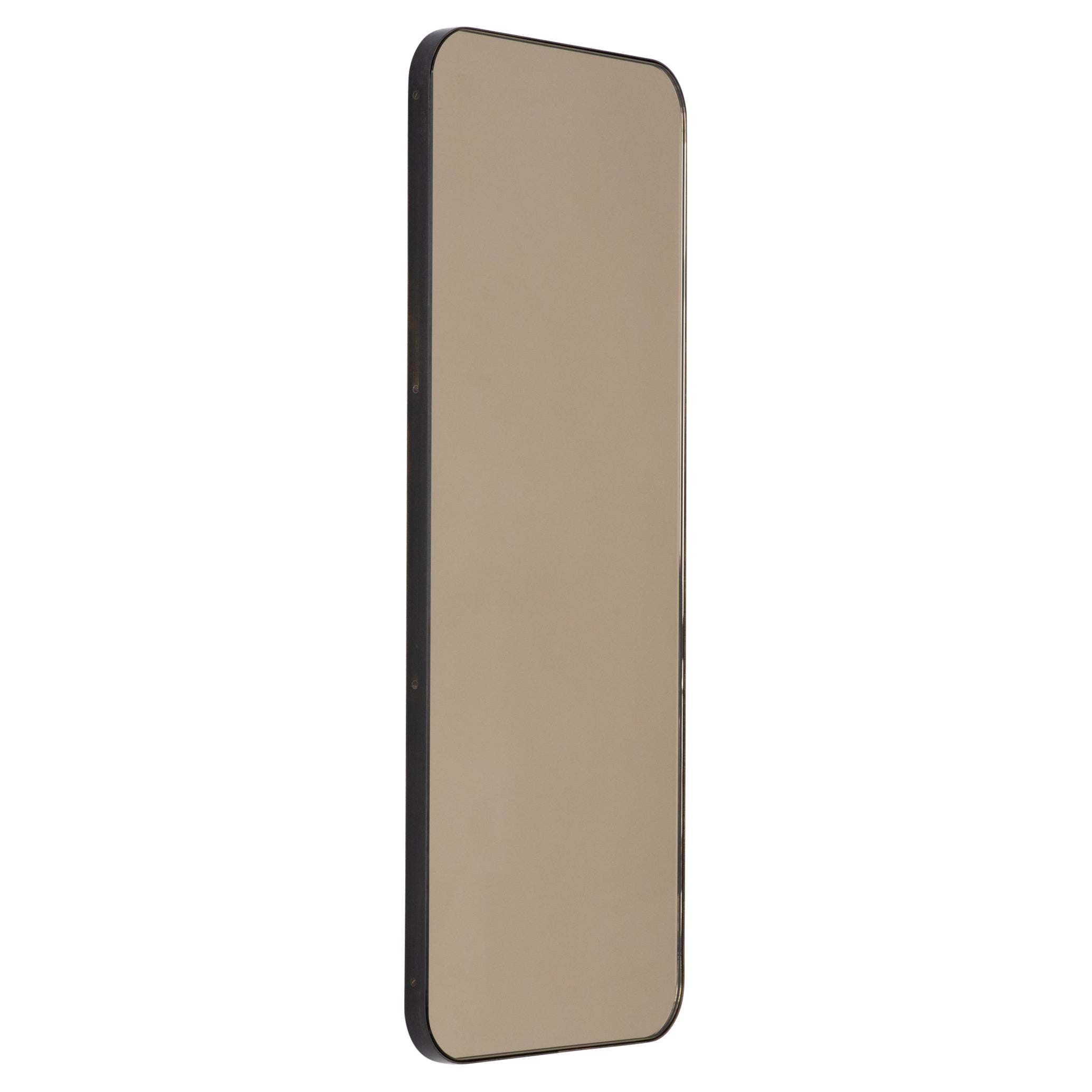 Quadris Rectangular Bronze Mirror with a Bronze Patina Brass Frame, Small For Sale