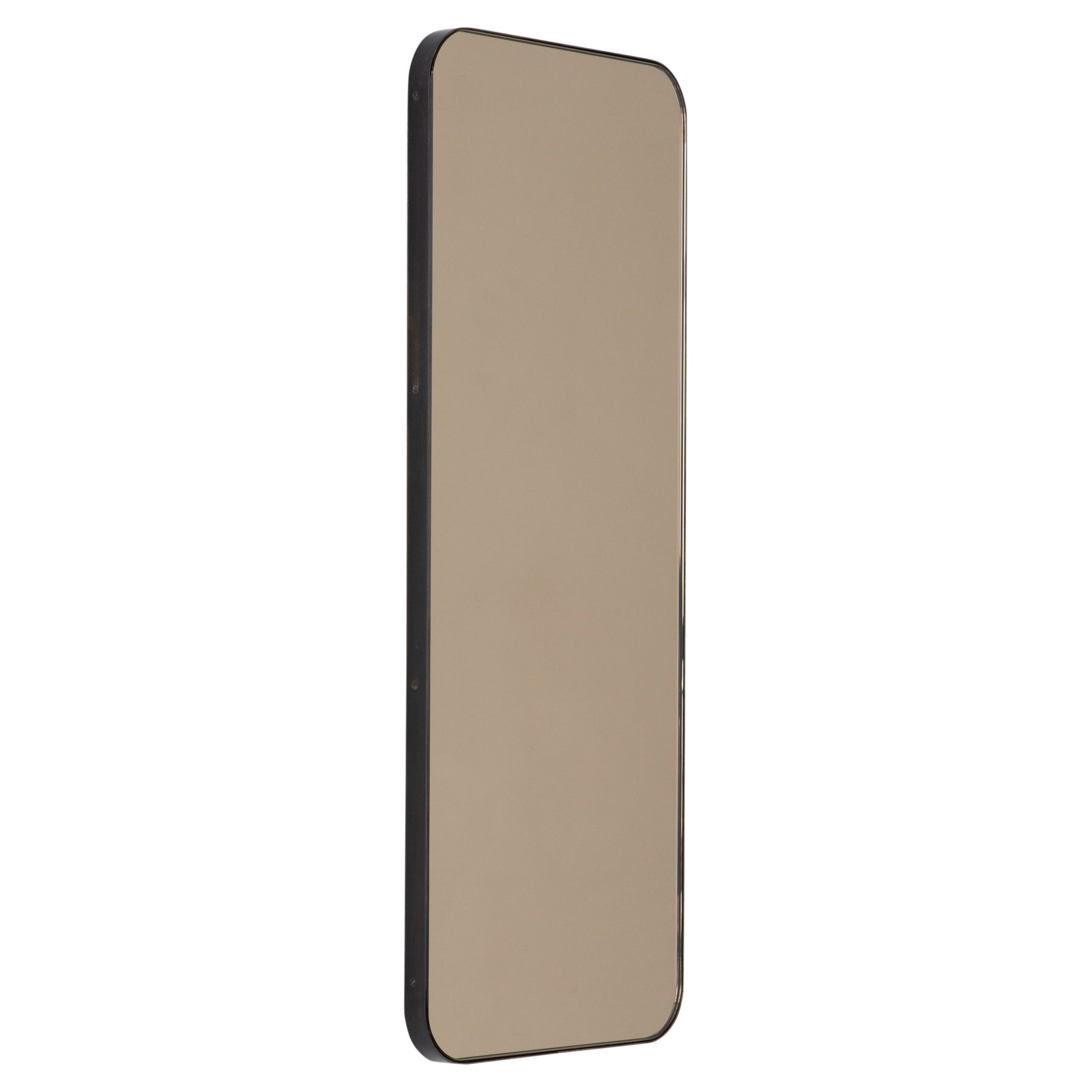 Quadris Rectangular Bronze Modern Mirror with Bronze Patina Brass Frame, XL