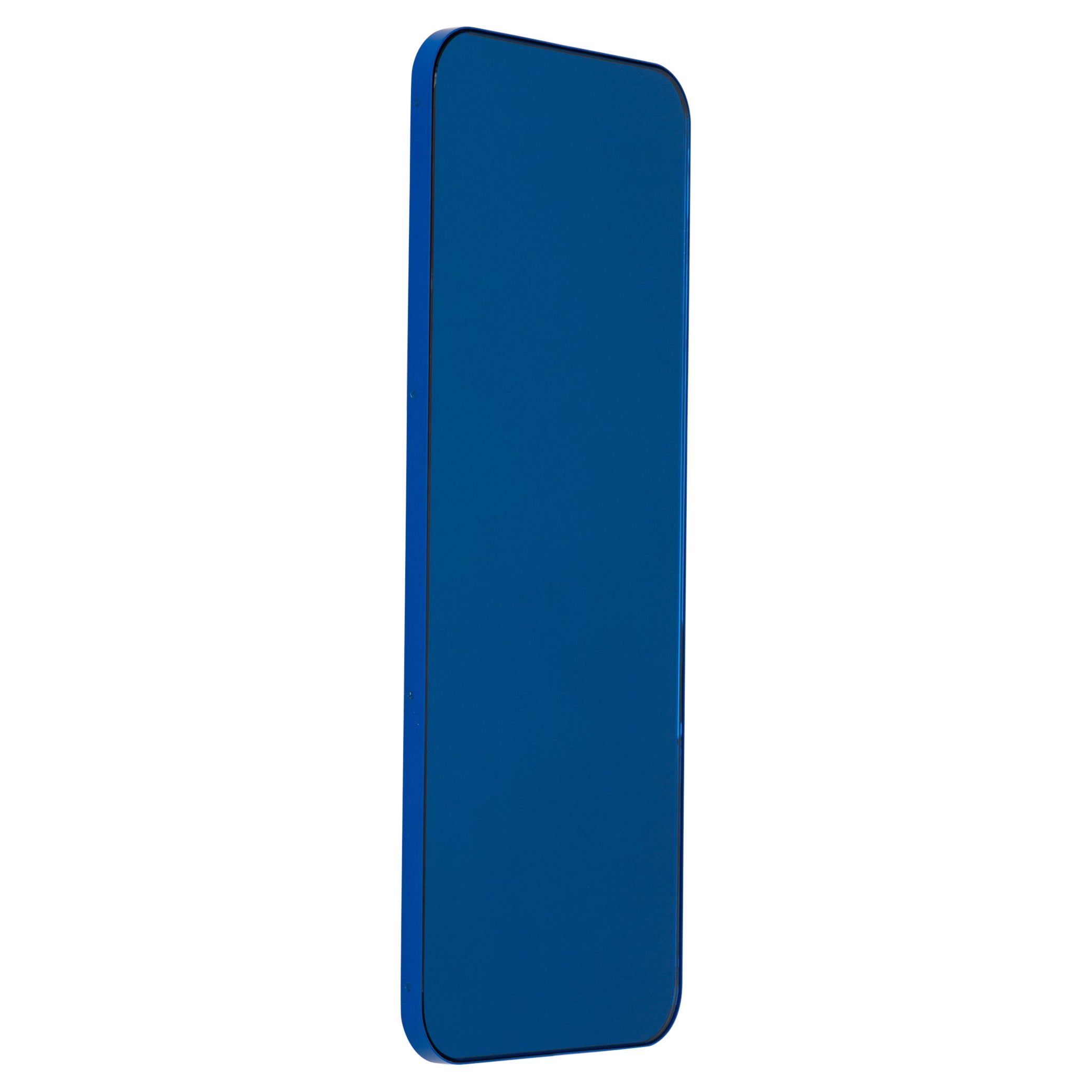 Quadris Rectangular Contemporary Blue Tinted Mirror with a Blue Frame, Small For Sale