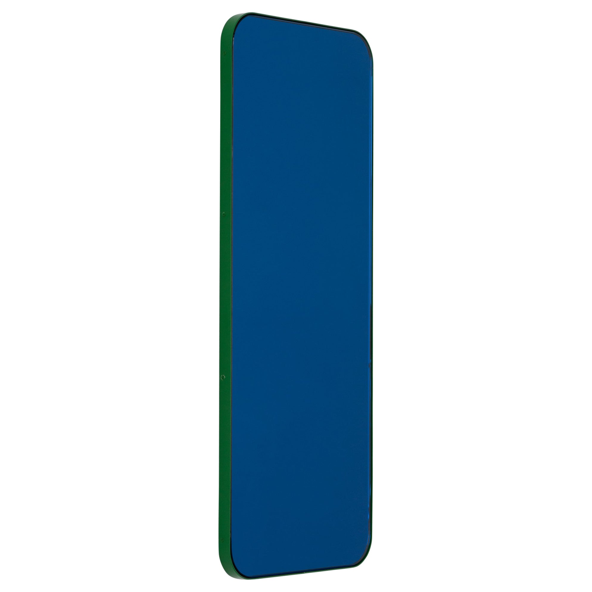 Quadris Rectangular Modern Blue Mirror with a Green Frame, Small For Sale