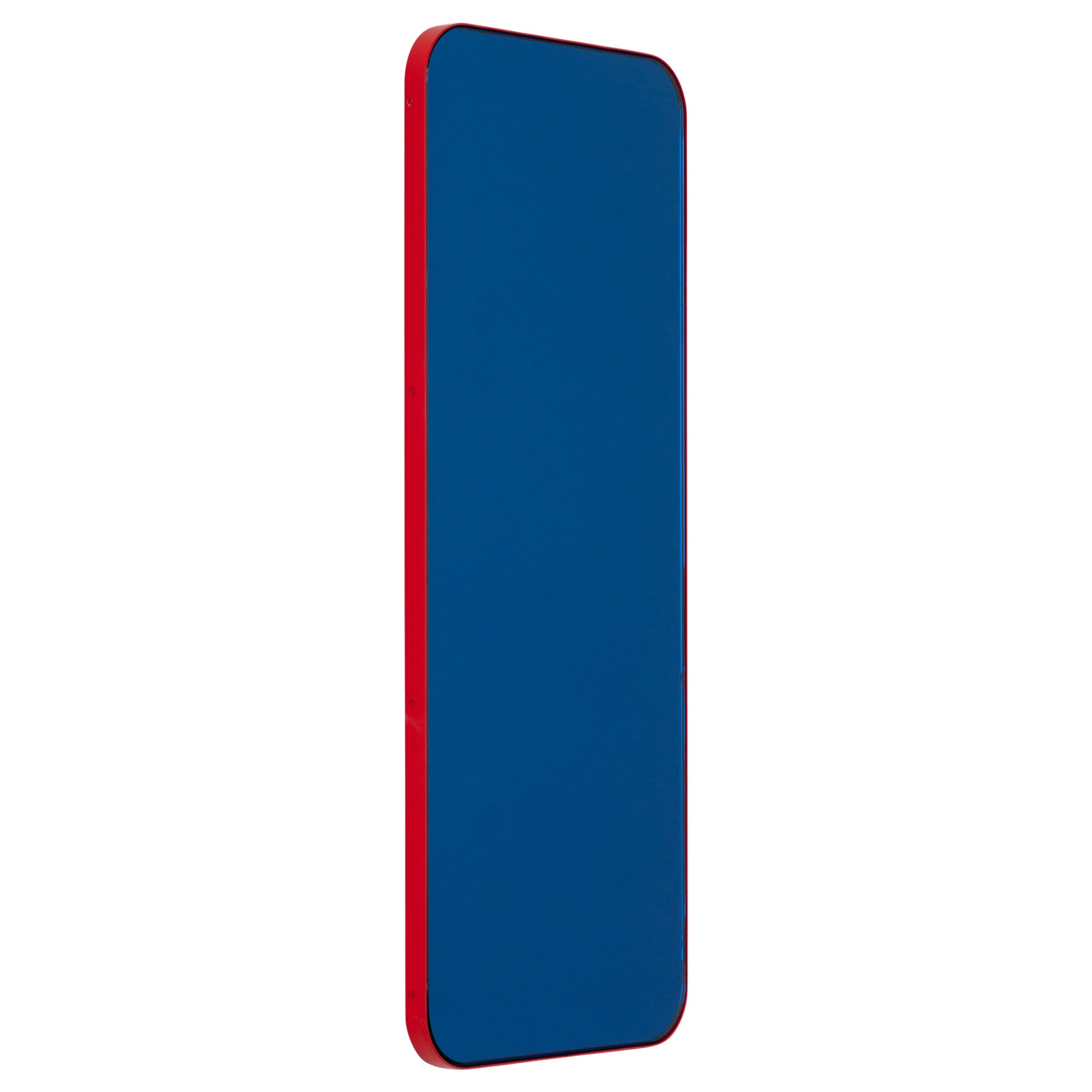 Quadris Rectangular Contemporary Blue Mirror with a Red Frame, Small For Sale
