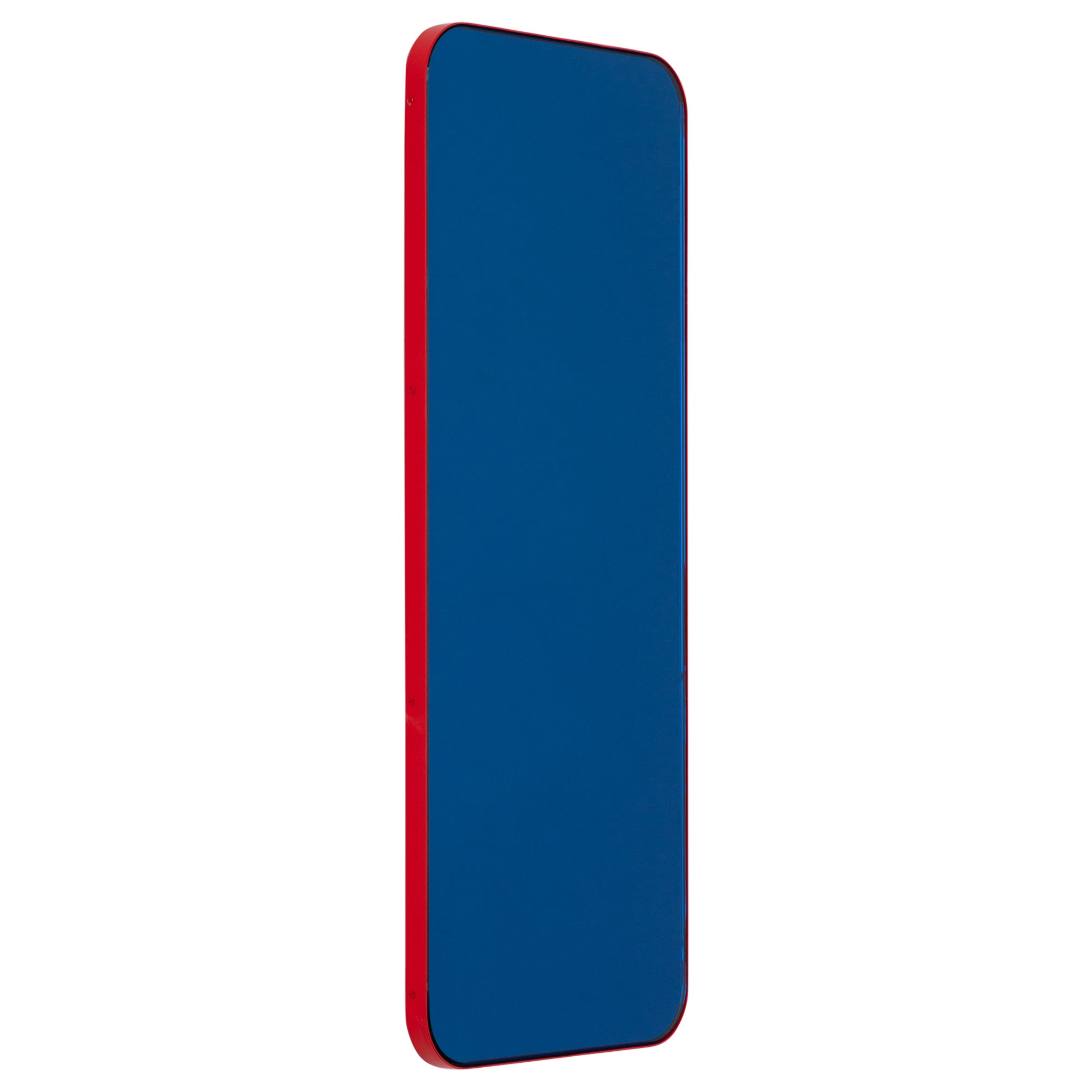 Rechteckiger zeitgenössischer blauer Quadris-Spiegel mit rotem Rahmen, XL
