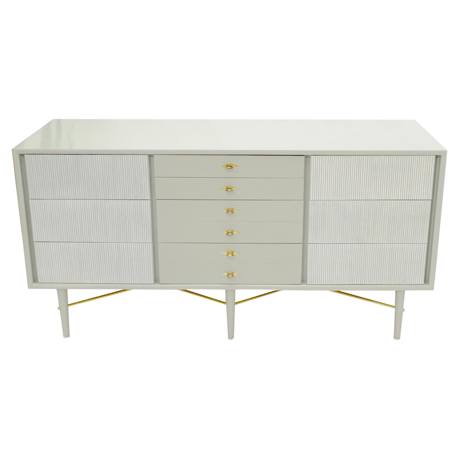 Two Tone Light Grey & White Fluted Drawer Fronts Brass Stretchers Long Dresser  For Sale