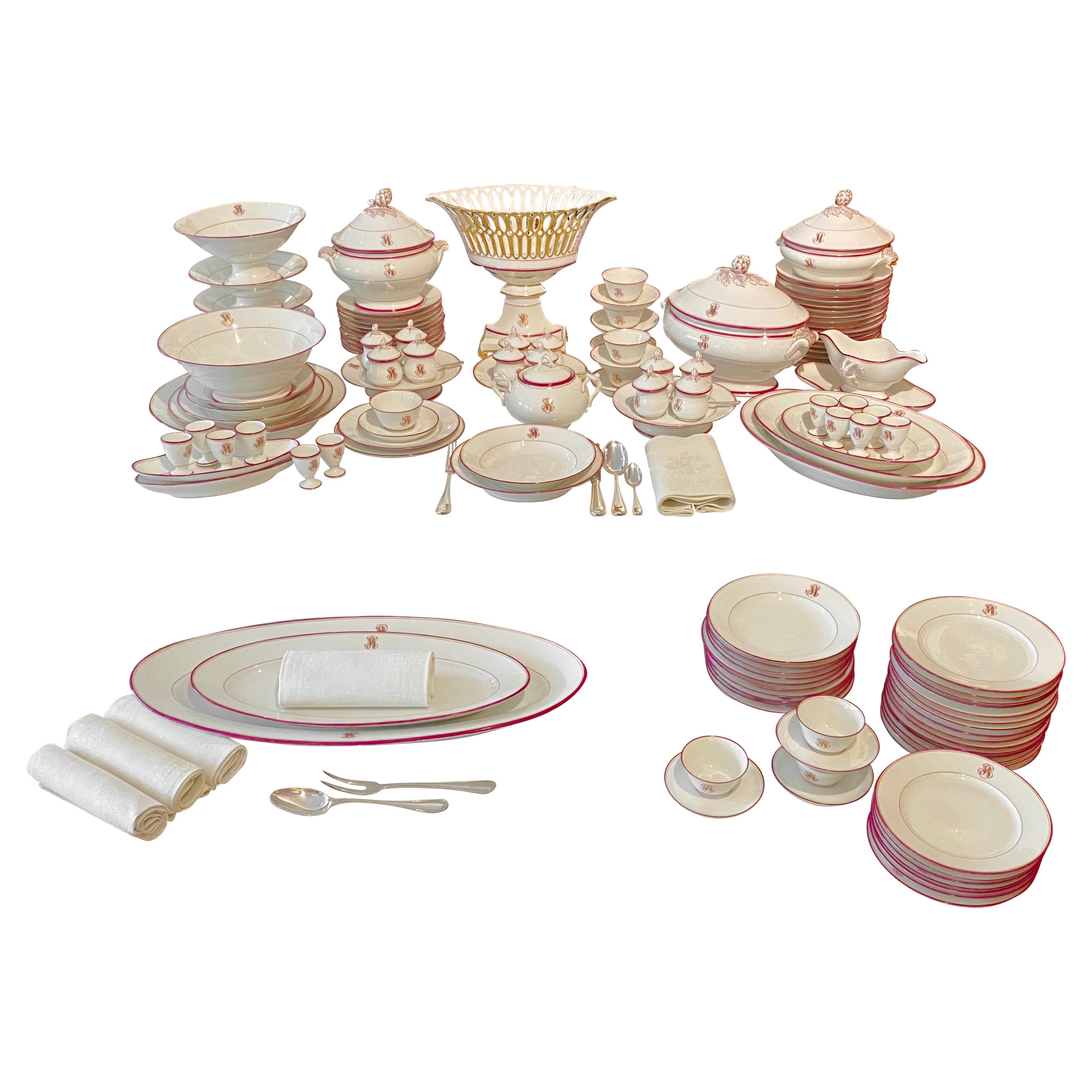 Magnificent French Antique Porcelain 116-Piece Dinner Set, 19th Century For Sale