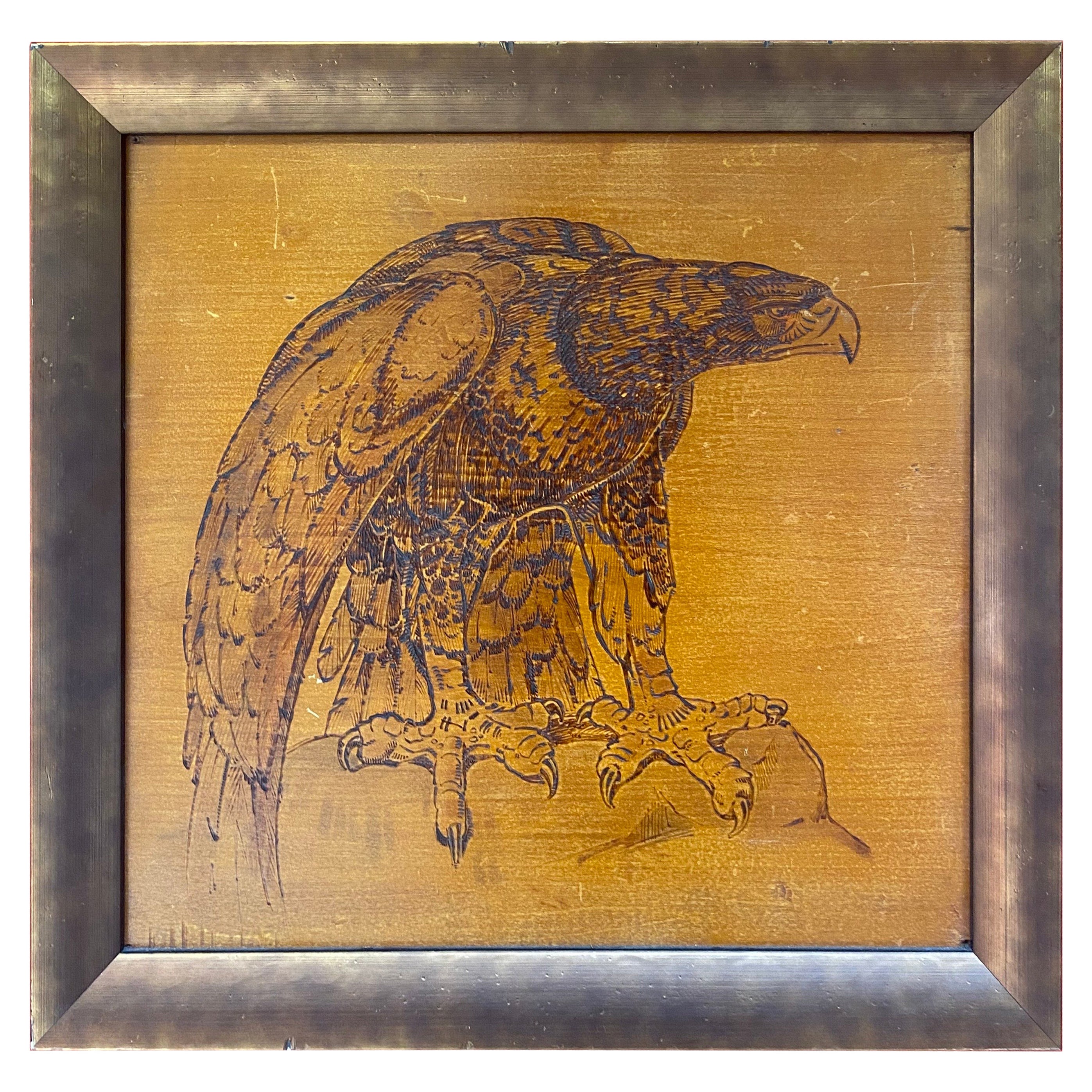 Art Deco Painting Representing an Eagle, Pyrography Work on Wood
