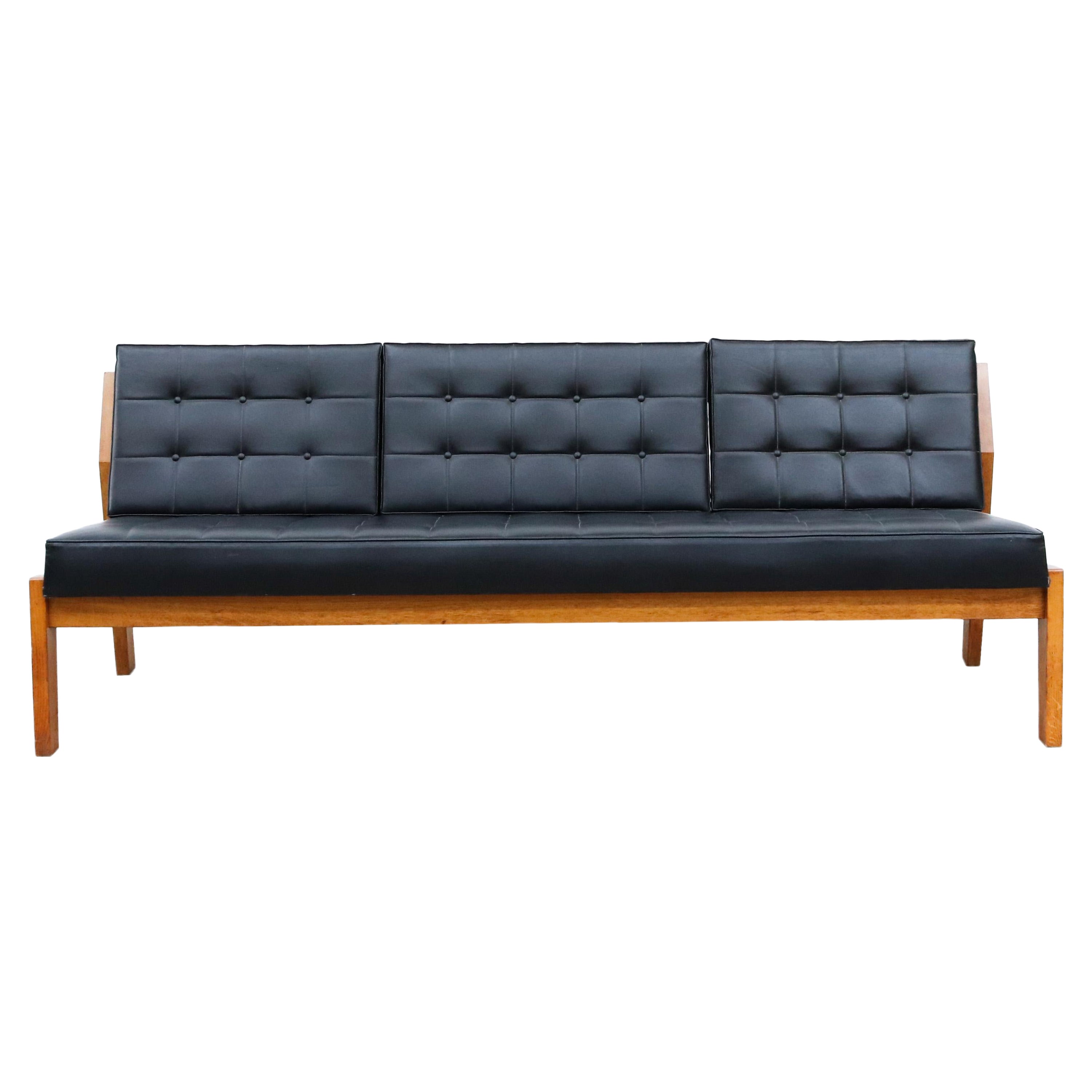 Mogensen Style Large Dutch Armless Oak Slat Back Bench with Black Skai Cushions For Sale