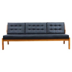 Vintage Mogensen Style Large Dutch Armless Oak Slat Back Bench with Black Skai Cushions