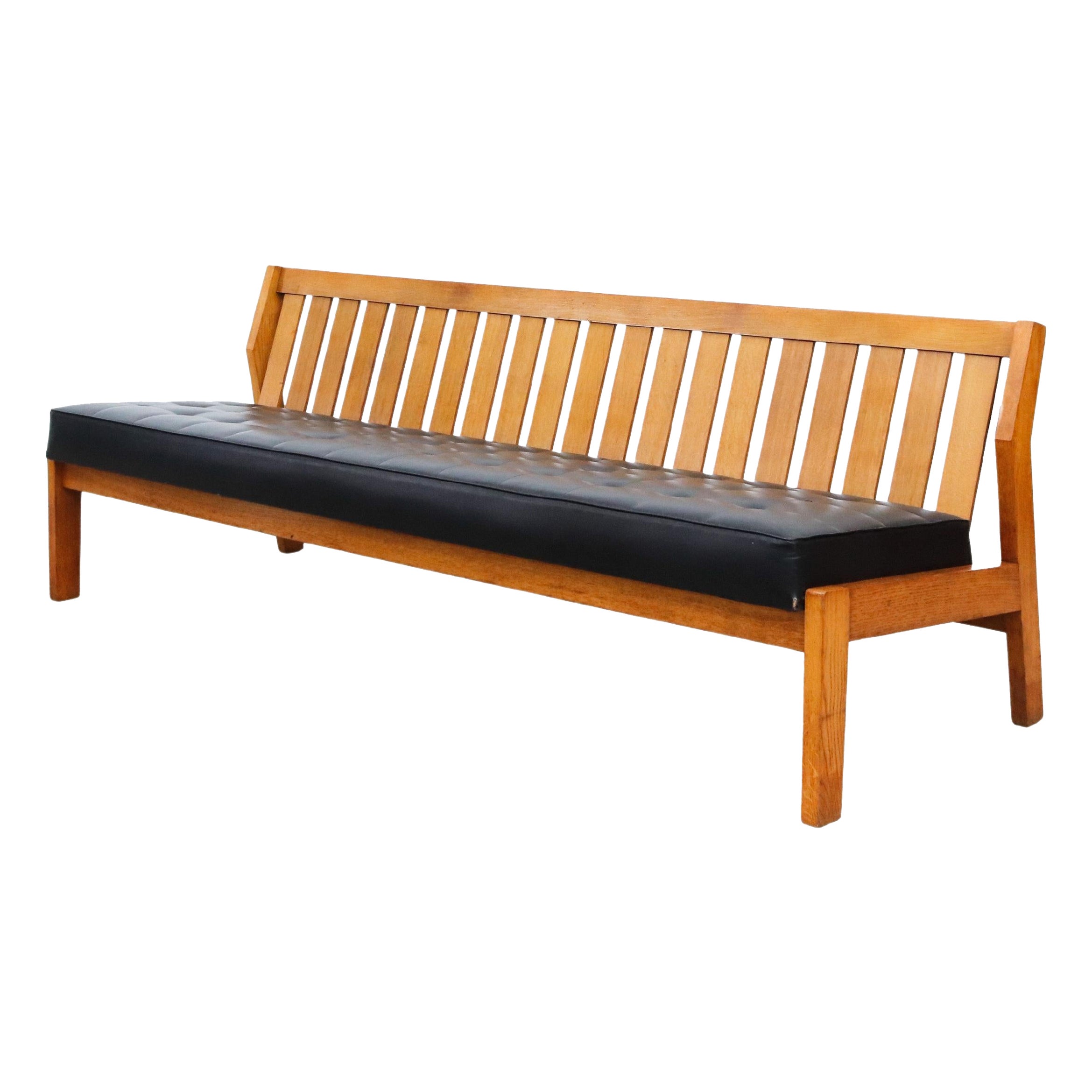 Mogensen Style Large Dutch Armless Oak Slat Back Bench with Black Skai Cushions