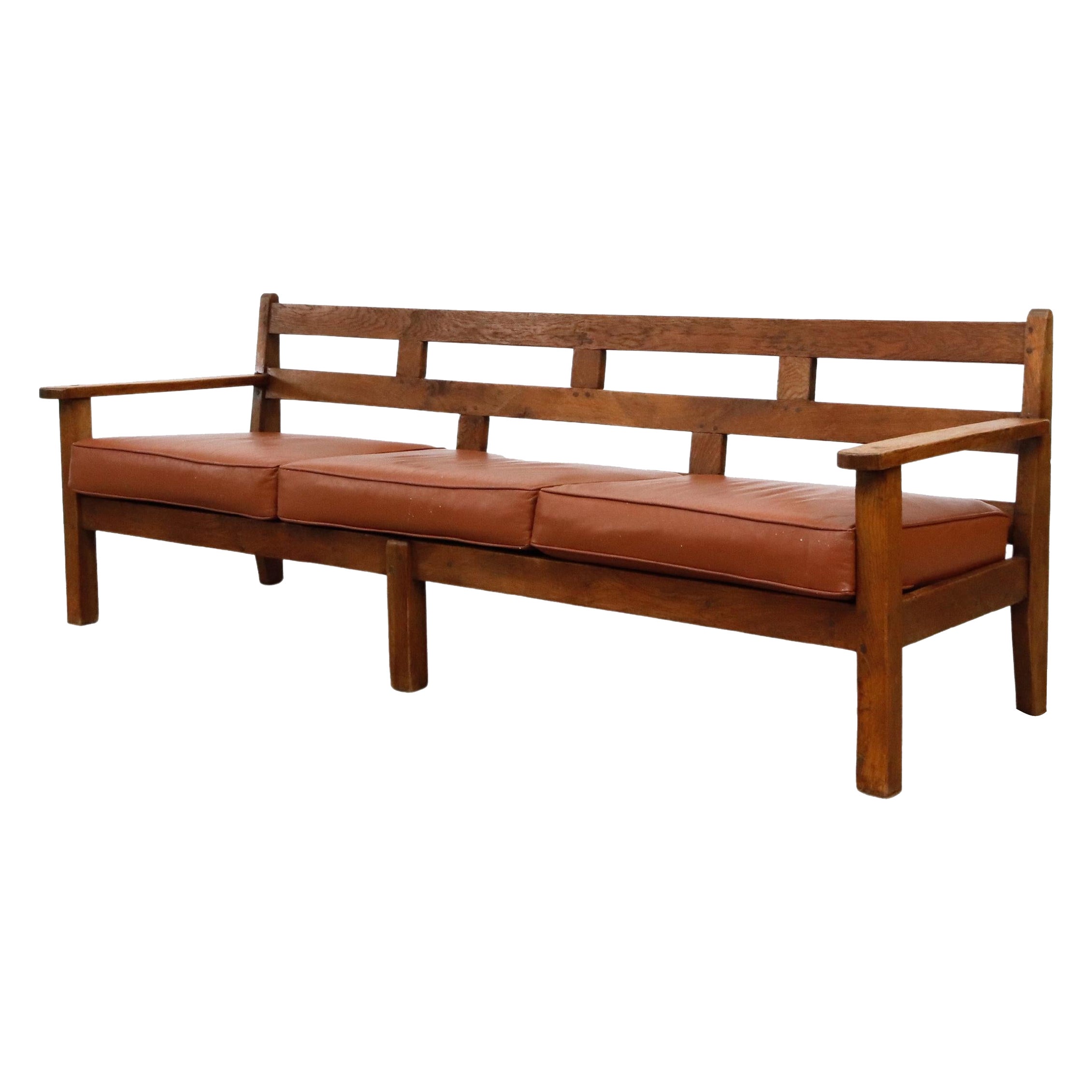 1960s Large Dutch Oak Bench with Brown Leather Seat Cushion