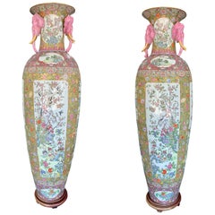 Monumental Pair of Chinese Rose Canton Porcelain Palace Vases