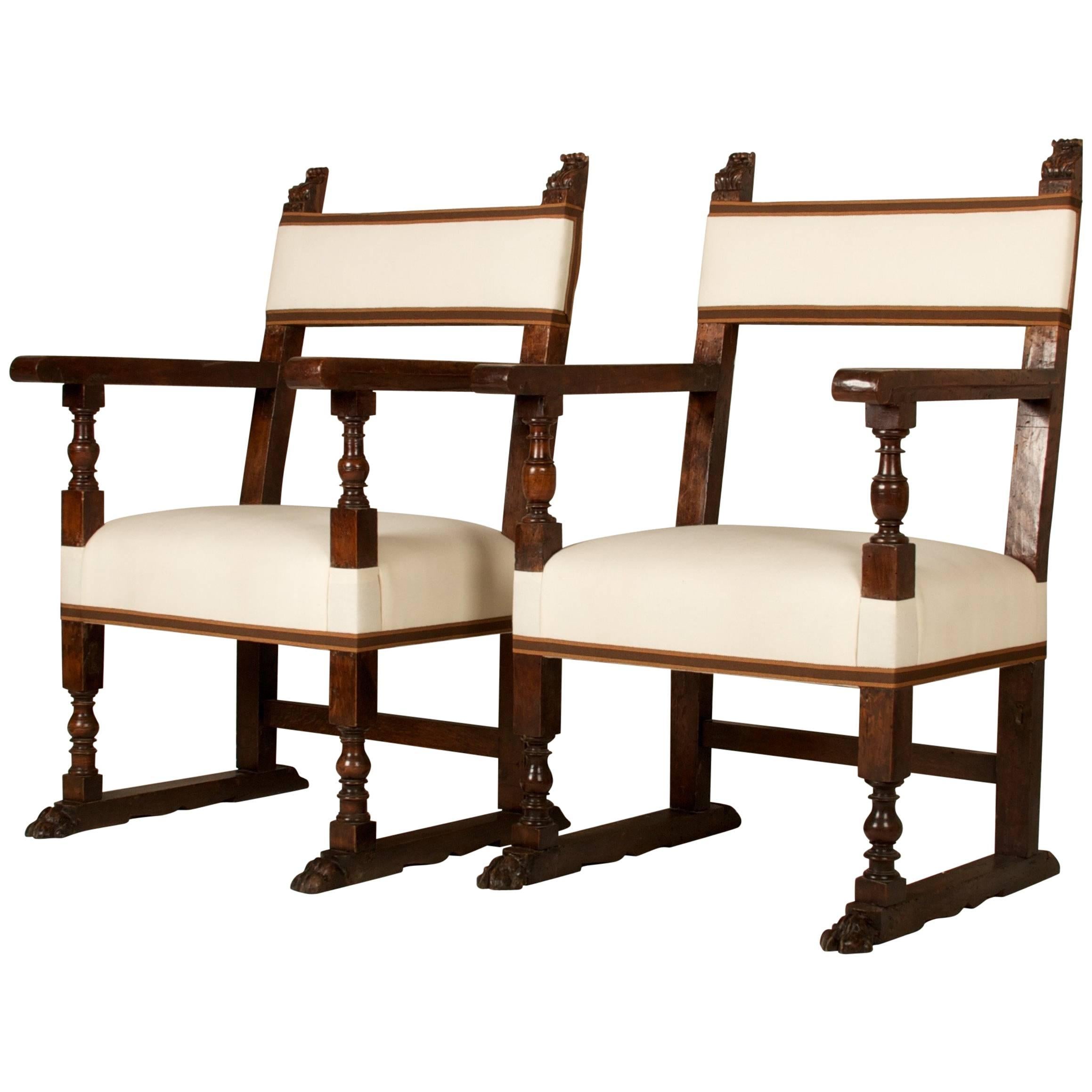 19th Century Walnut Armchairs, Spanish Baroque Style, New Upholstery