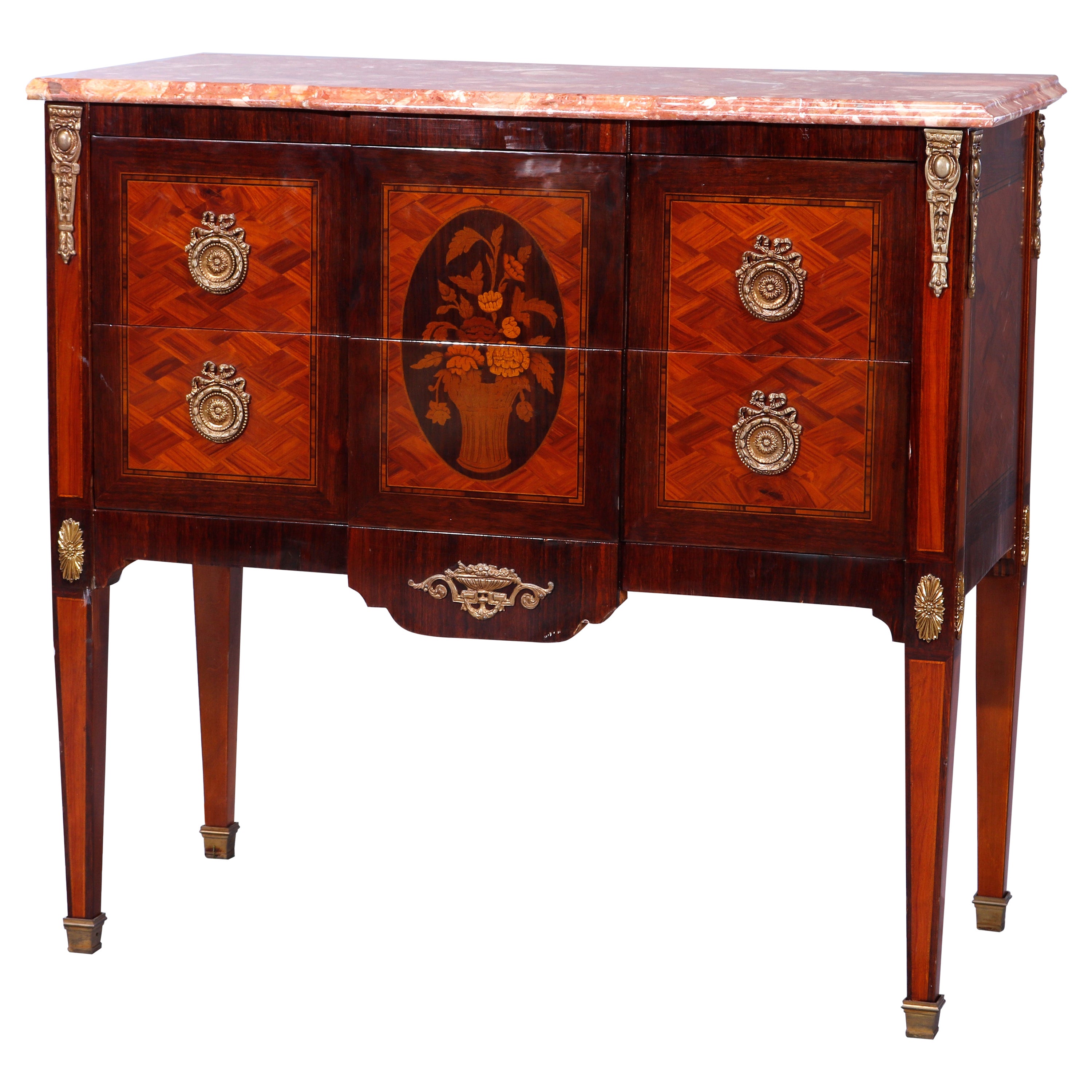 Antique French Louis XVI Style Marble Top Kingwood & Rosewood Commode, 20th C