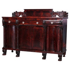 Antique American Empire Classical Flame Mahogany Carved Paw Foot Sideboard c1840