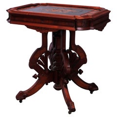 Antique Eastlake Berkey & Gay Attrb. Walnut & Burl Inlaid Parlor Table, c1880