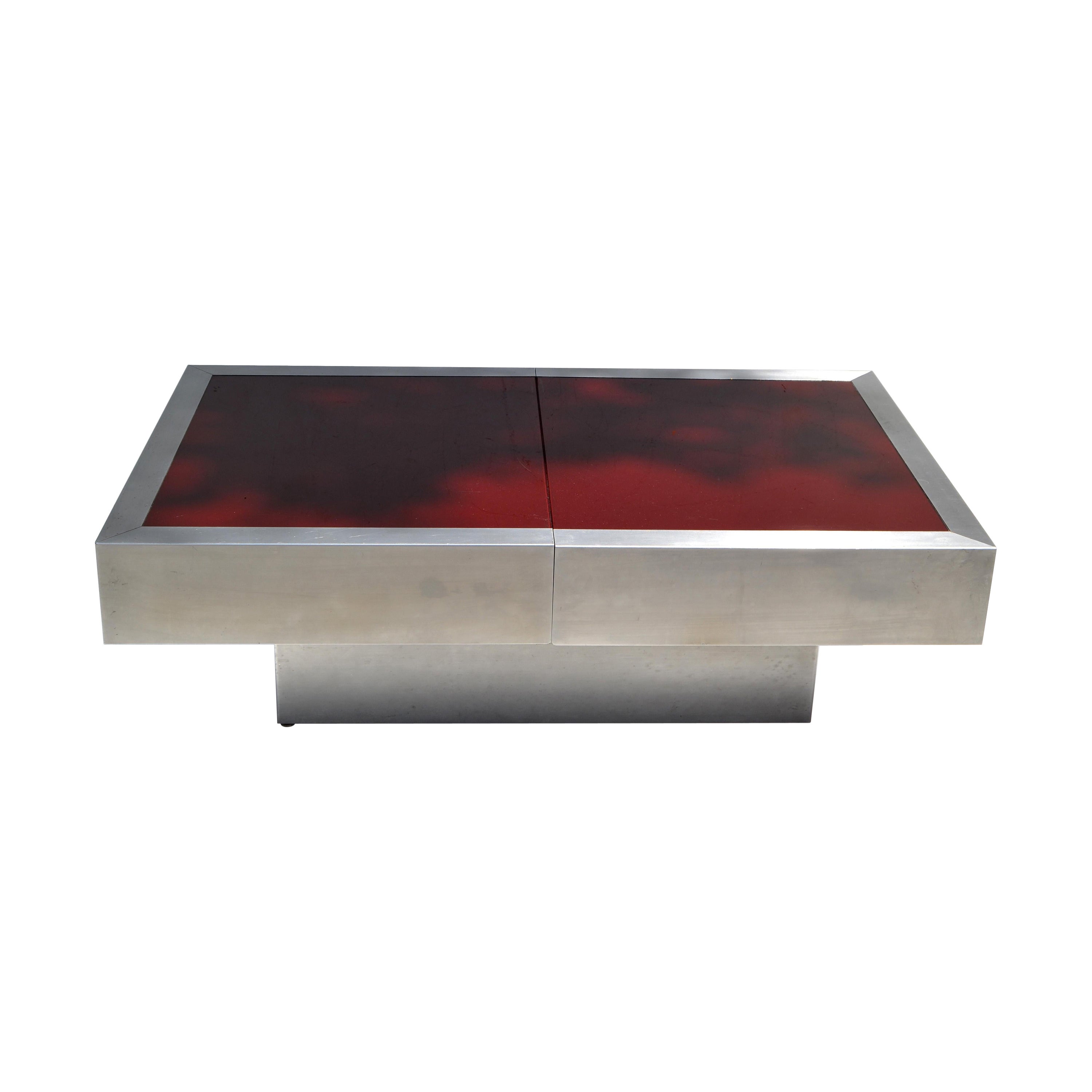 Willy Rizzo Red Glass Top Mid-Century Modern Steel Cocktail Table Dry Bar 1965