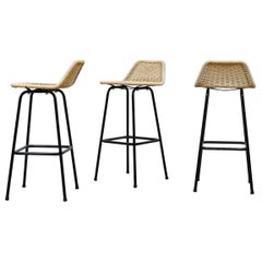 Ensemble de 3 tabourets de bar en corde tissée de style Charlotte Perriand