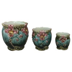 Antique Set of Three Majolica Pots with Flowers Fives Lille Circa 1890