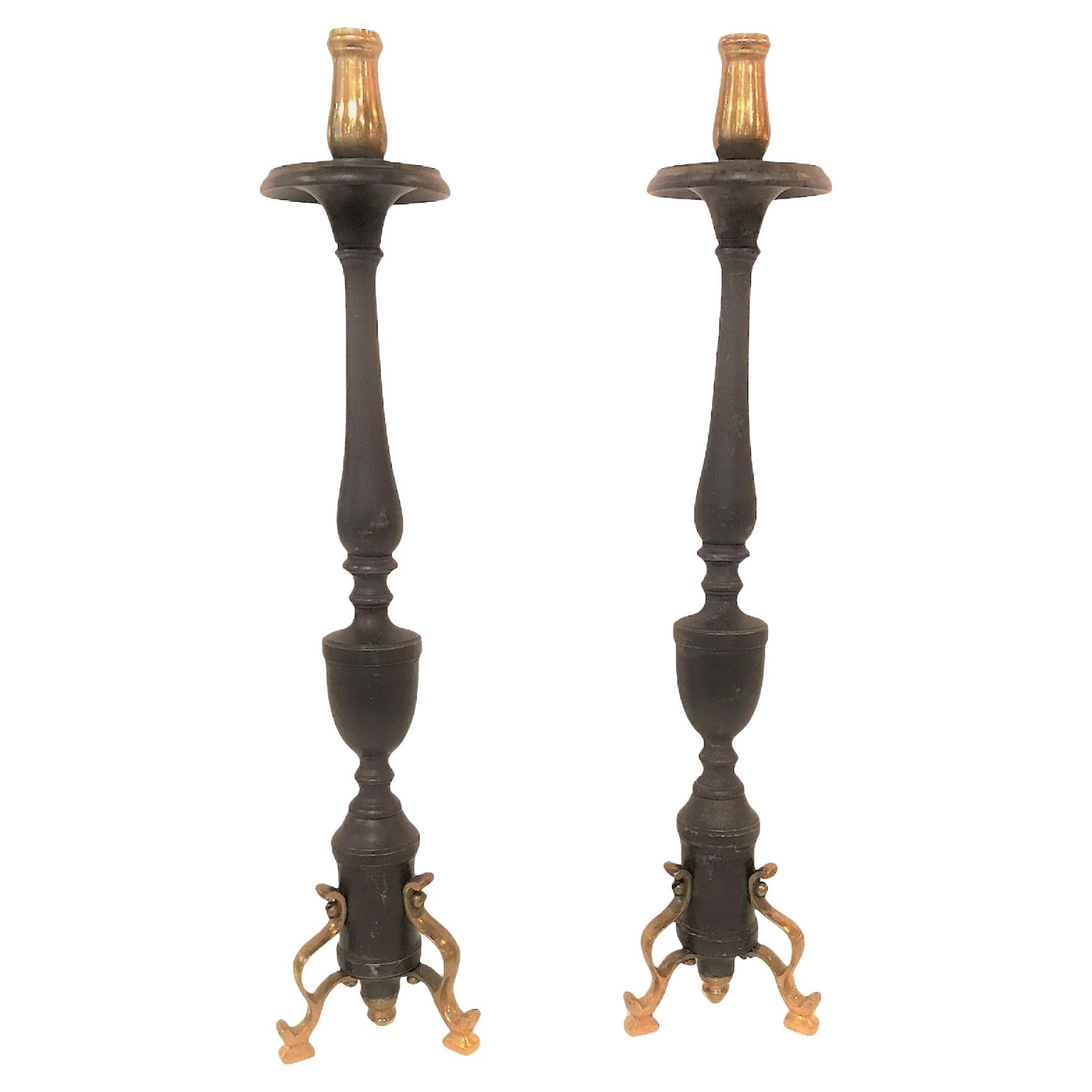 Neapolitan 18th Century Late Baroque Pair of  Bronze Altar Candlesticks For Sale