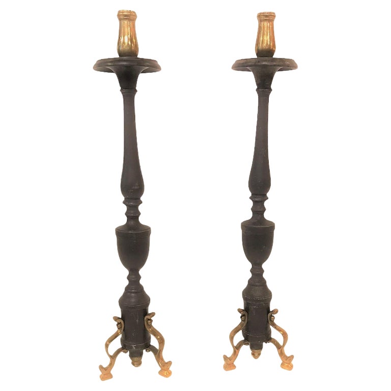 Neapolitan 18th Century Late Baroque Pair of  Bronze Altar Candlesticks For Sale