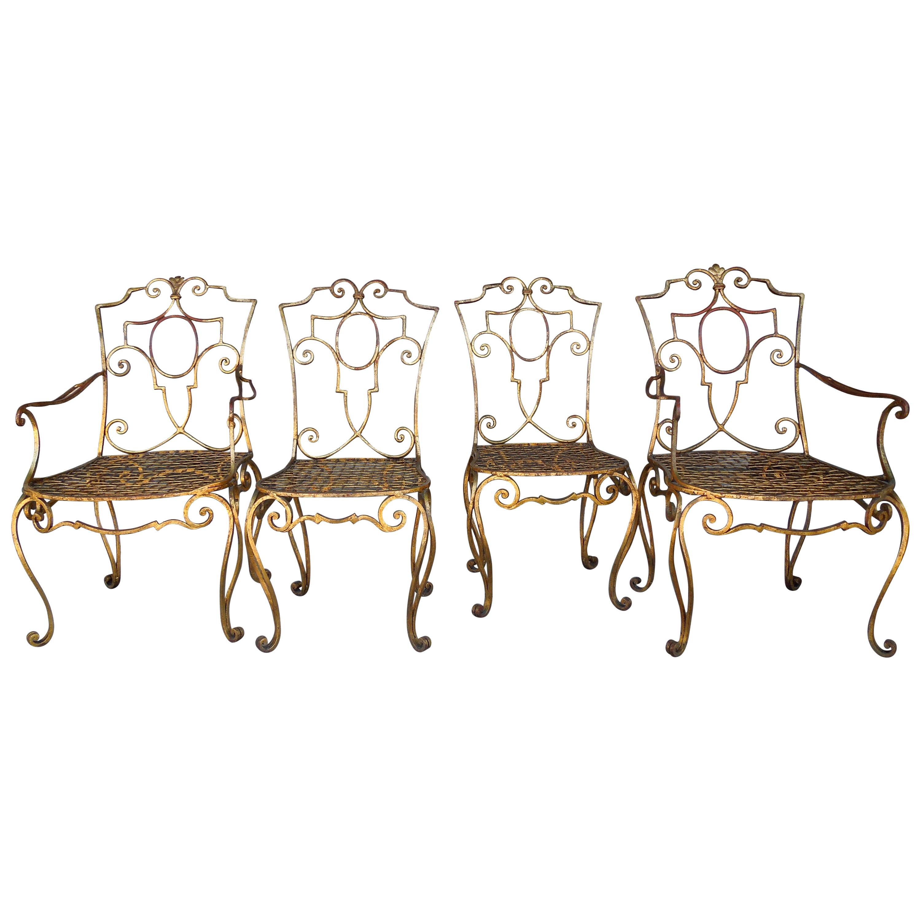 Jean-Charles Moreux French Moderne Gold Gilt Iron Chairs Set of Four