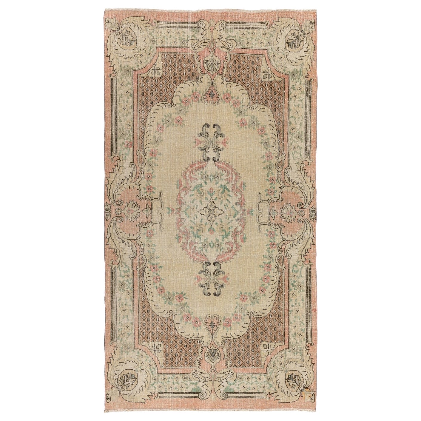 5.6x9.7 Ft Aubusson Inspired Vintage Handmade Turkish Rug in Peach & Pale Yellow For Sale