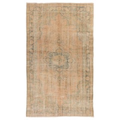 5.6x9.2 Ft Handmade Distressed Vintage Wool Oushak Rug in Soft Orange and Green