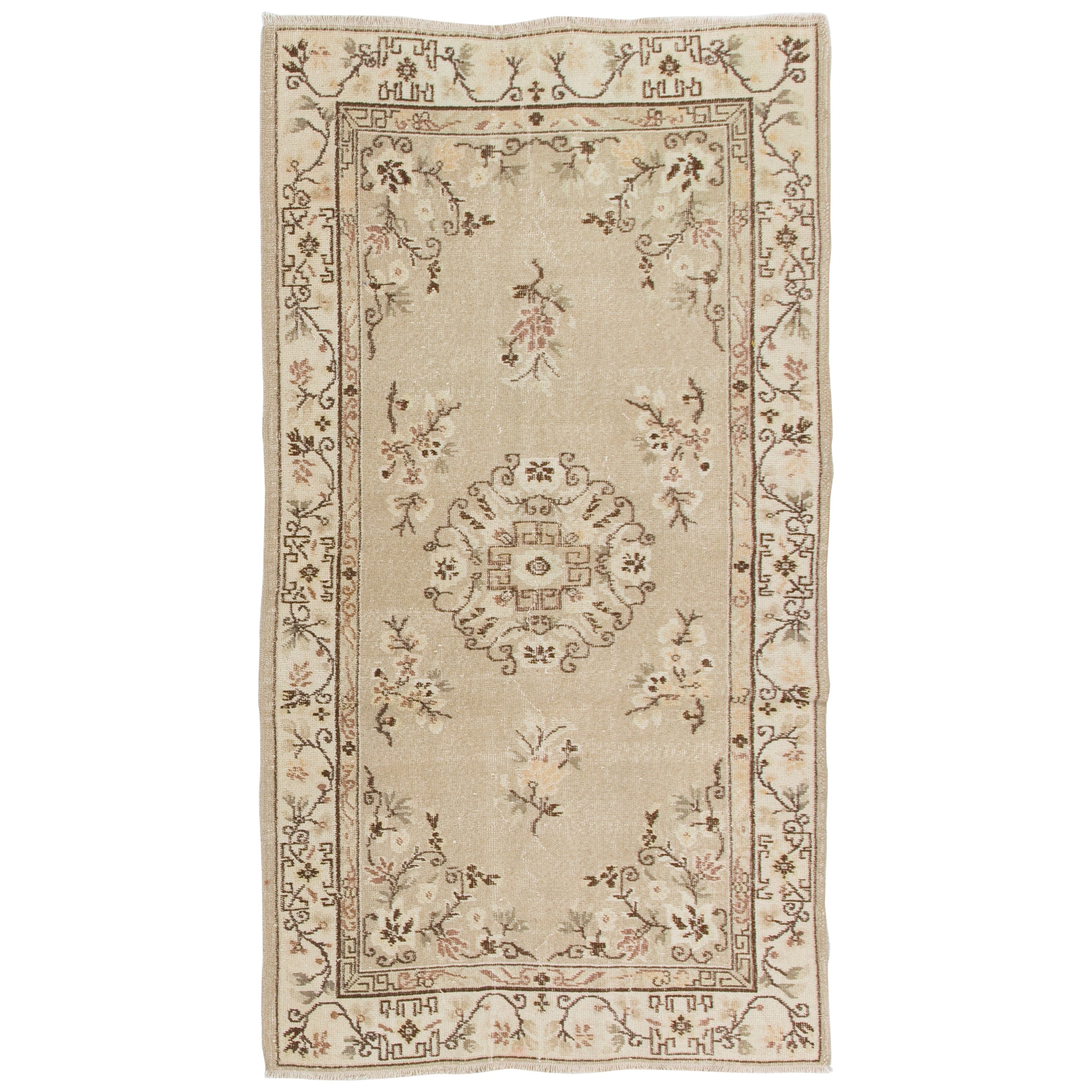4x7 ft Art Deco Chinese Inspired Vintage Handmade Turkish Wool Rug in Oatmeal For Sale