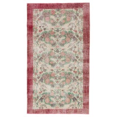 Handmade Vintage Turkish Rug with Romantic Floral Design in Pink, Red