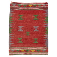 Vintage Turkish Kilim. Flat-Weave Wool Rug in Red, Green, Yellow & Gray