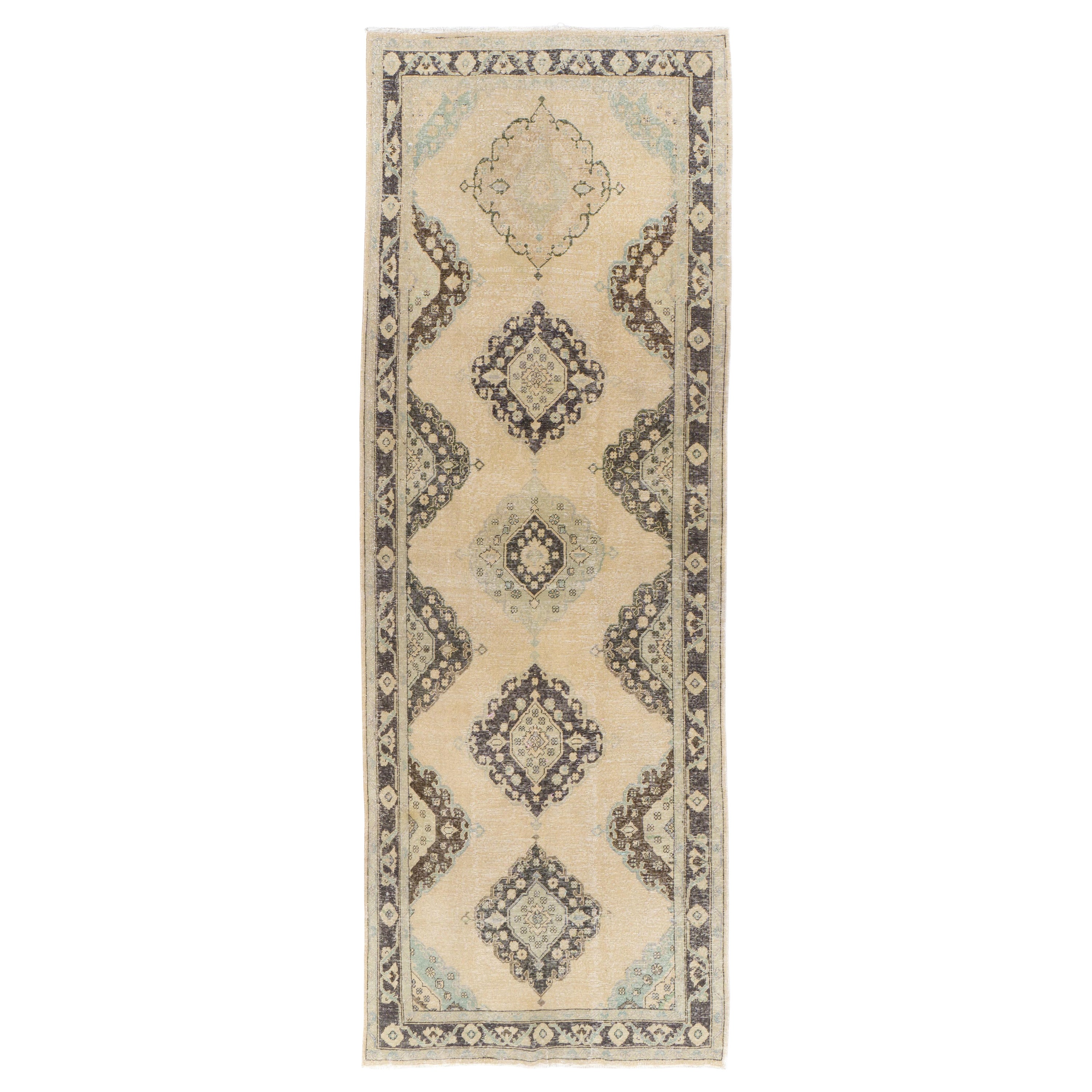 4.6x12.7 Ft Vintage Anatolian Oushak Runner. Beige Handmade Carpet For Sale