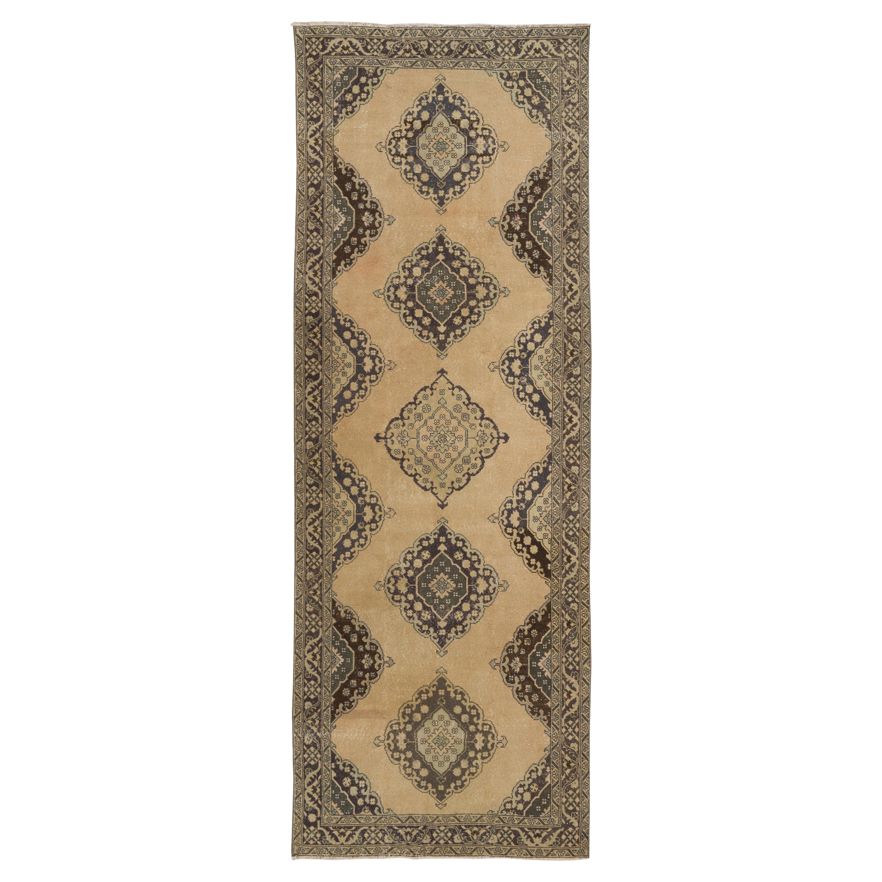 4.7x13 ft Vintage Turkish Oushak Runner Carpet, Hand Knotted Rug for Hallway