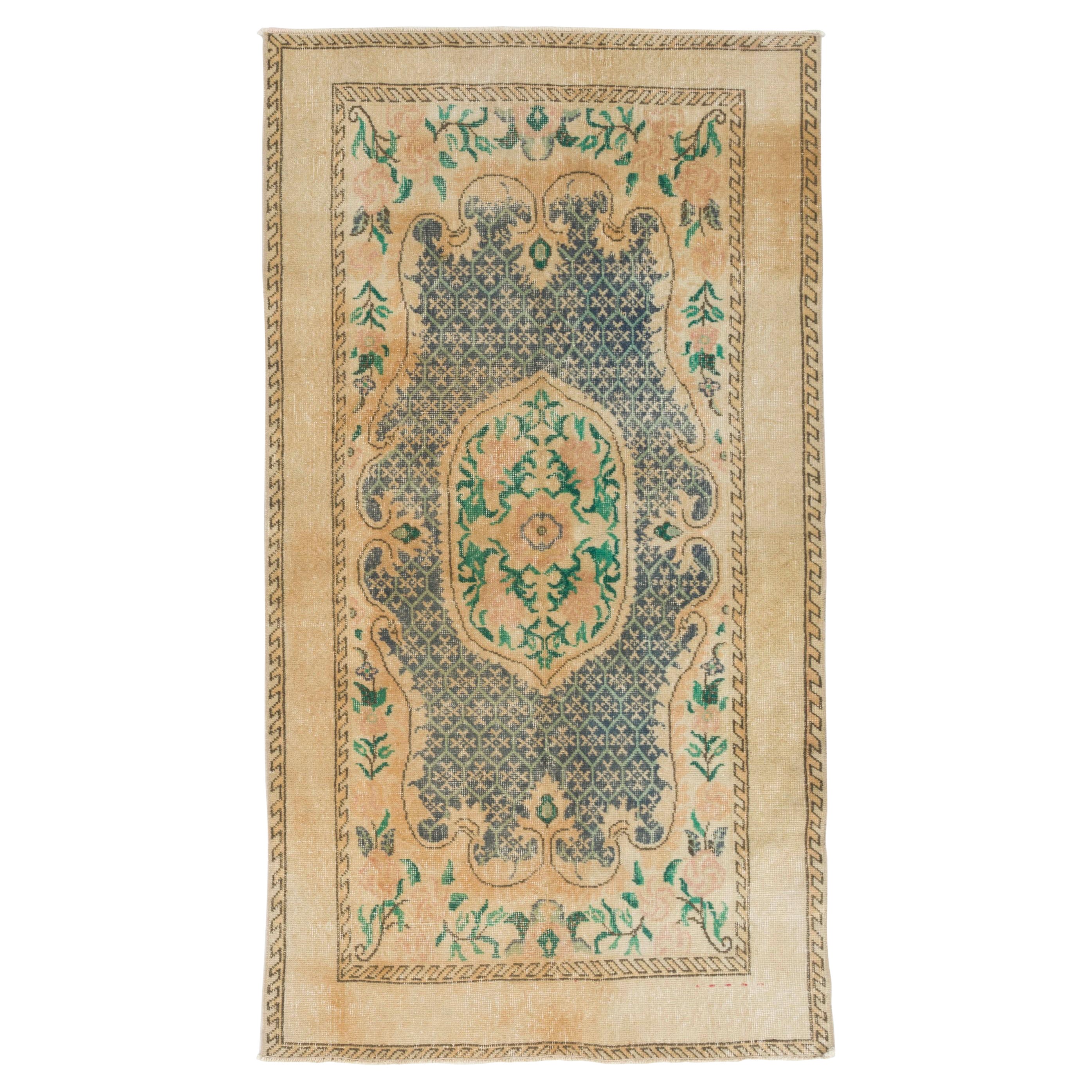 3.8x6.7 ft Hand Knotted Vintage Anatolian Wool Accent Rug with Floral Design For Sale