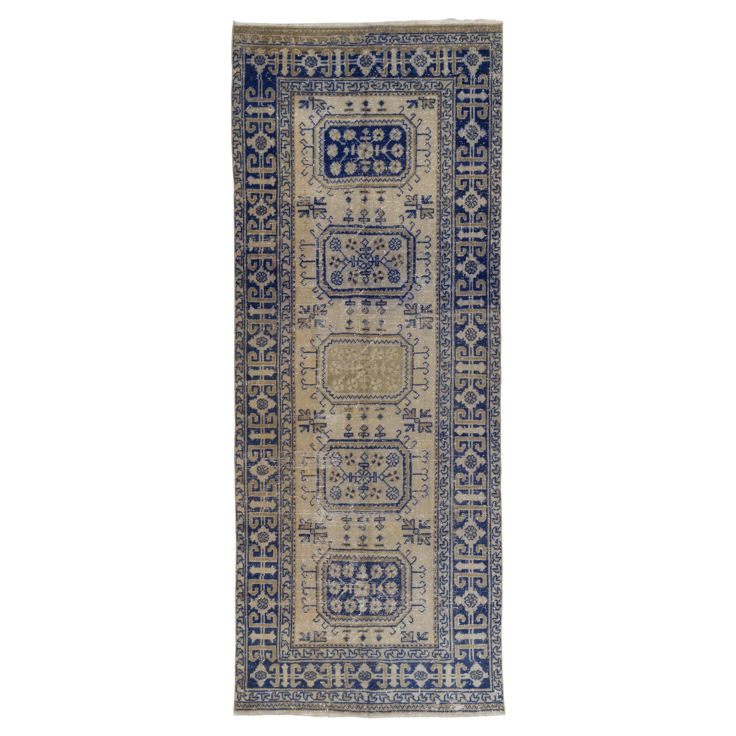 4.8x11.8 Ft Vintage Handmade Oushak Runner Rug in Beige and Navy Blue Colors For Sale