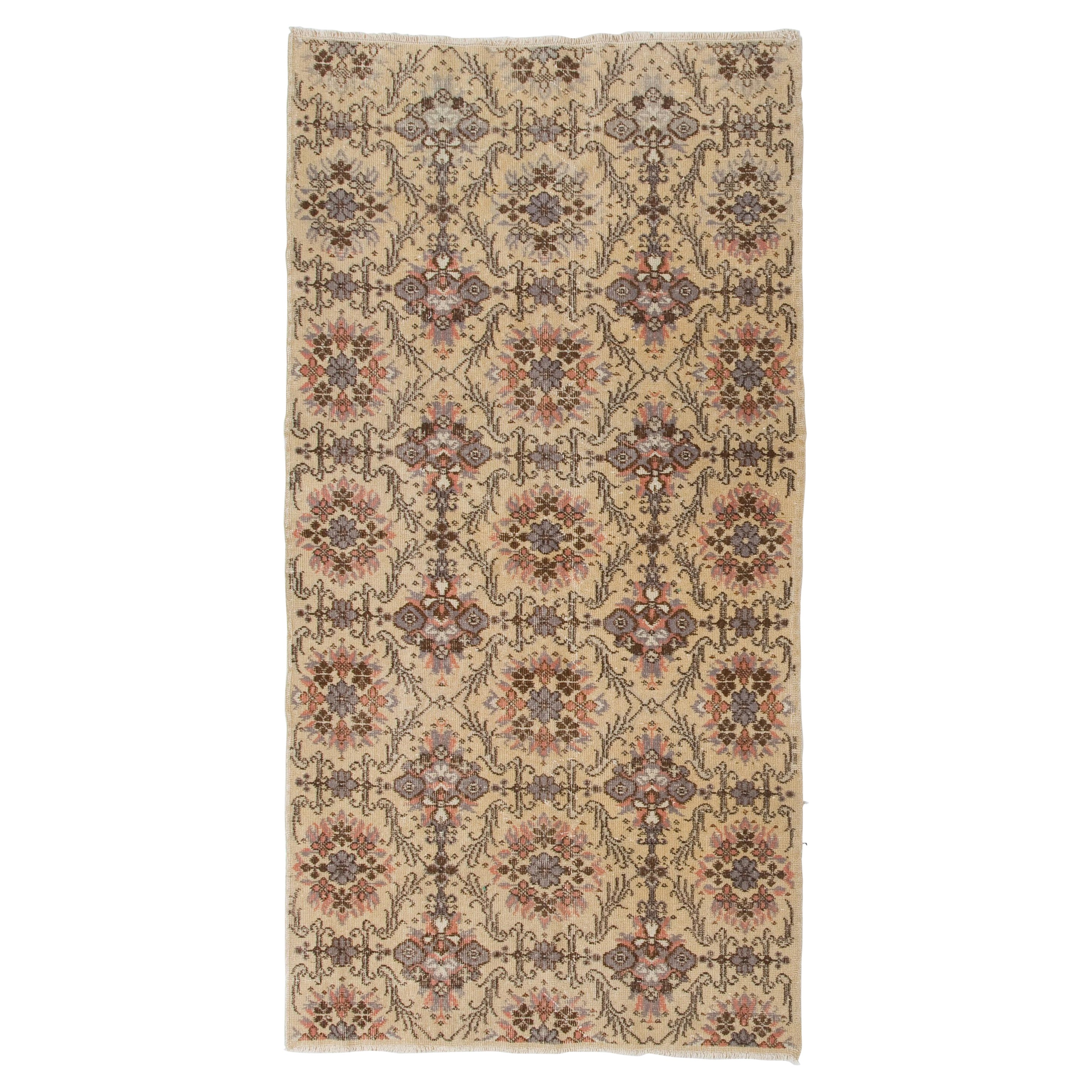 3.8x7.3 ft Hand-Knotted Vintage Floral Design Turkish Rug, Woolen Floor Covering