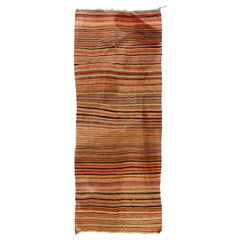 Tapis Kilim anatolien vintage à rayures tissé à la main « tissage à la feuille » de 5.3x12.8 pieds, réversible