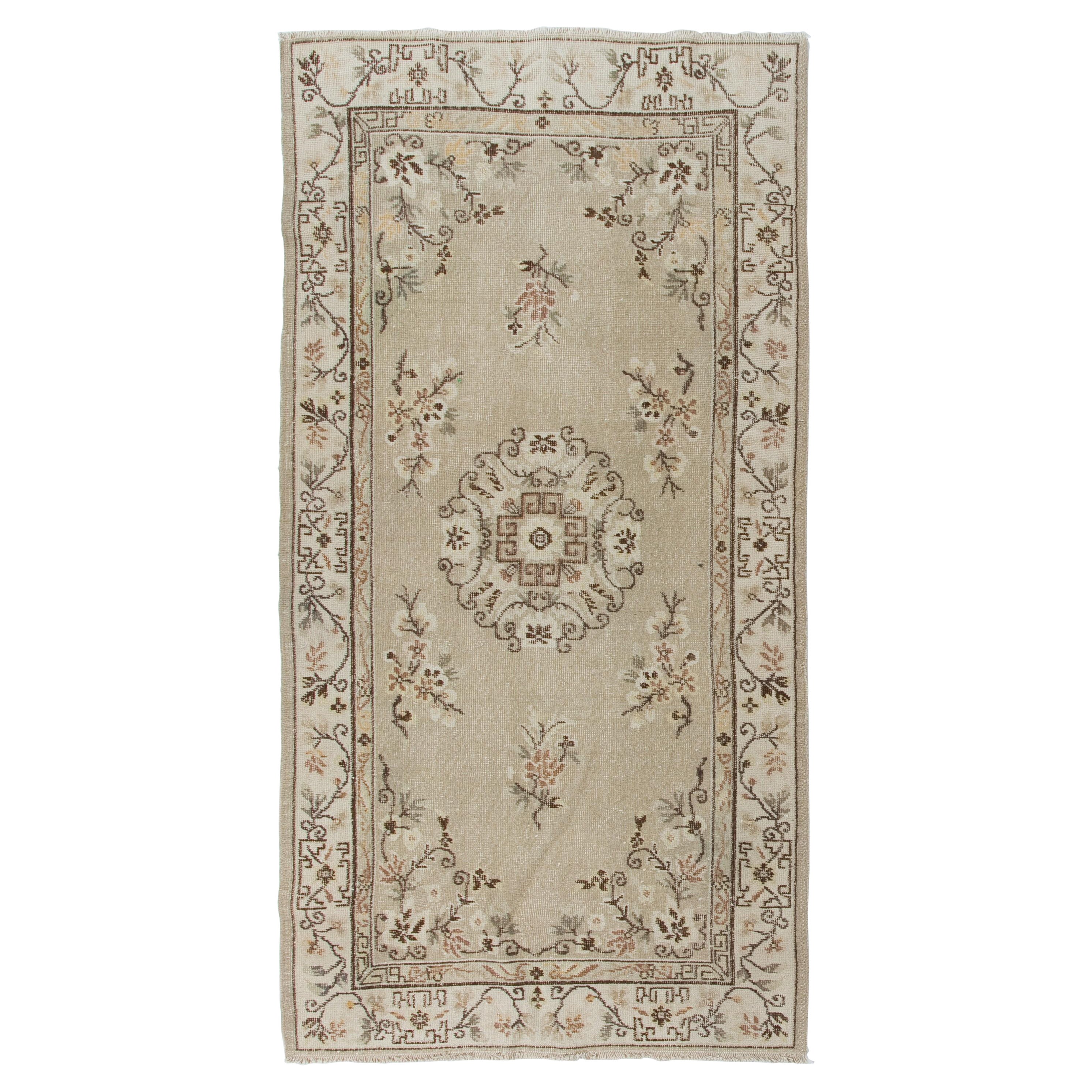 3.8x7.2 ft Beige Hand-Knotted Vintage Accent Rug with Art Deco Chinese Design