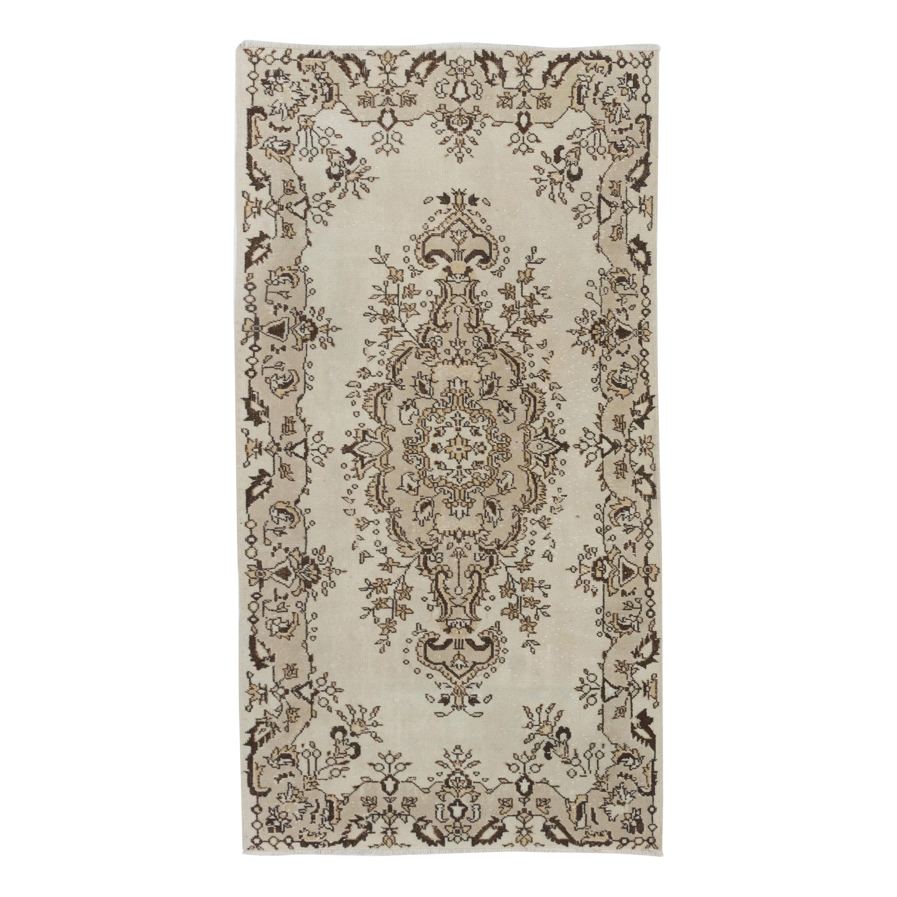 3.8x7.2 ft Turkish 1965s Rug with Medallion Design, Hand-Knotted Carpet in Beige