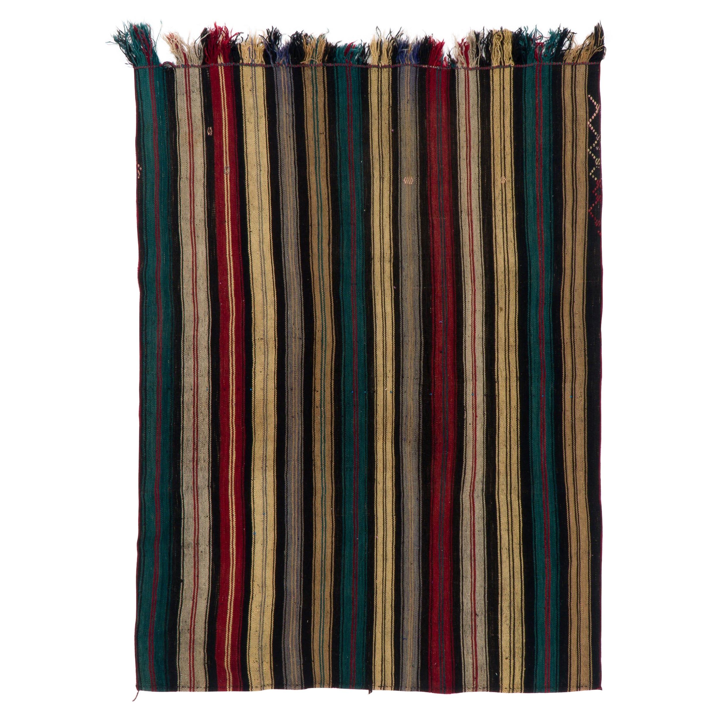 Handgewebter türkischer Vintage-Kelim „Flat-weave“ aus Wolle mit vertikalen Bändern, 5,4x7 Fuß im Angebot