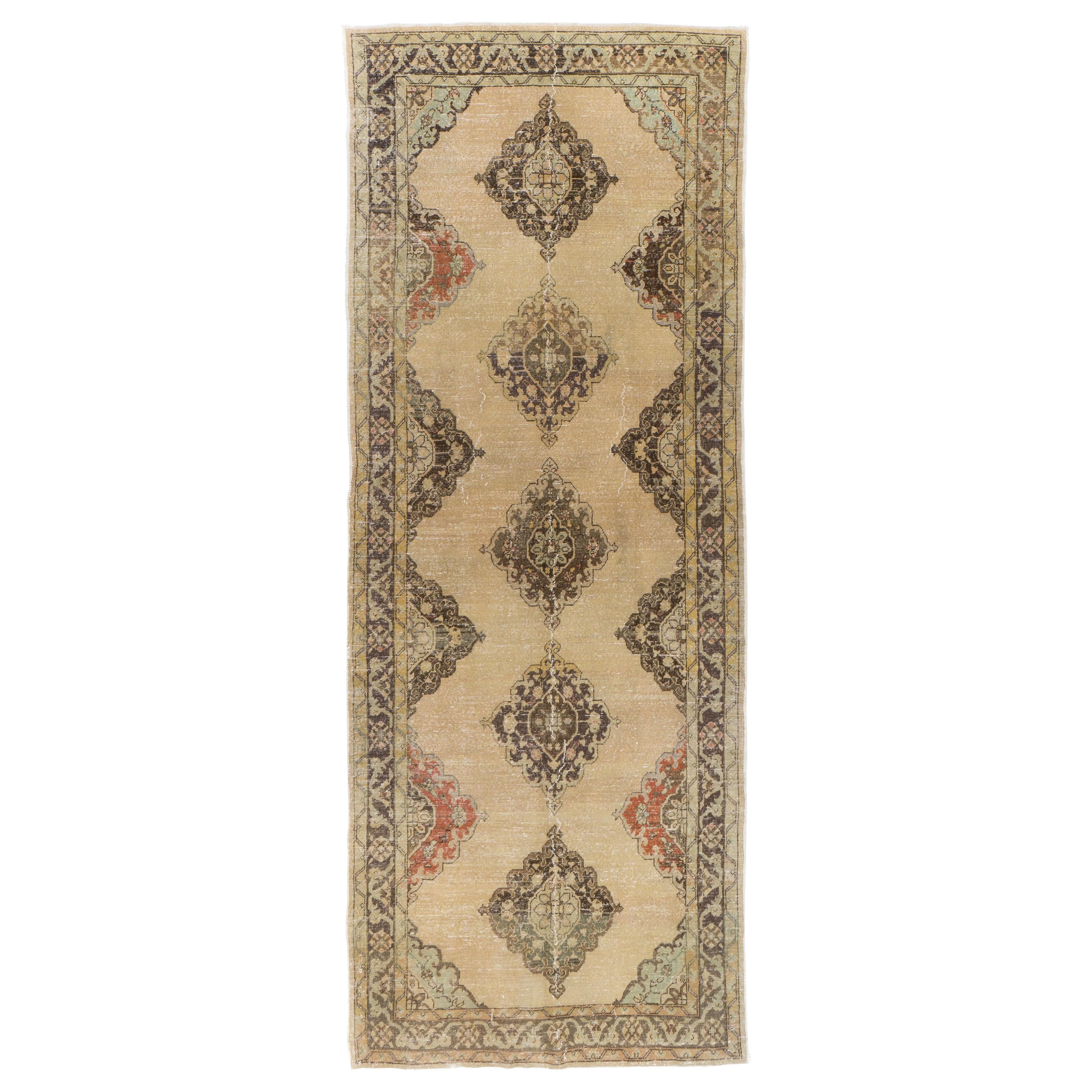 5x12.7 Ft Mid-Century Handmade Oushak Runner, Natural Beige and Brown Wool Rug For Sale