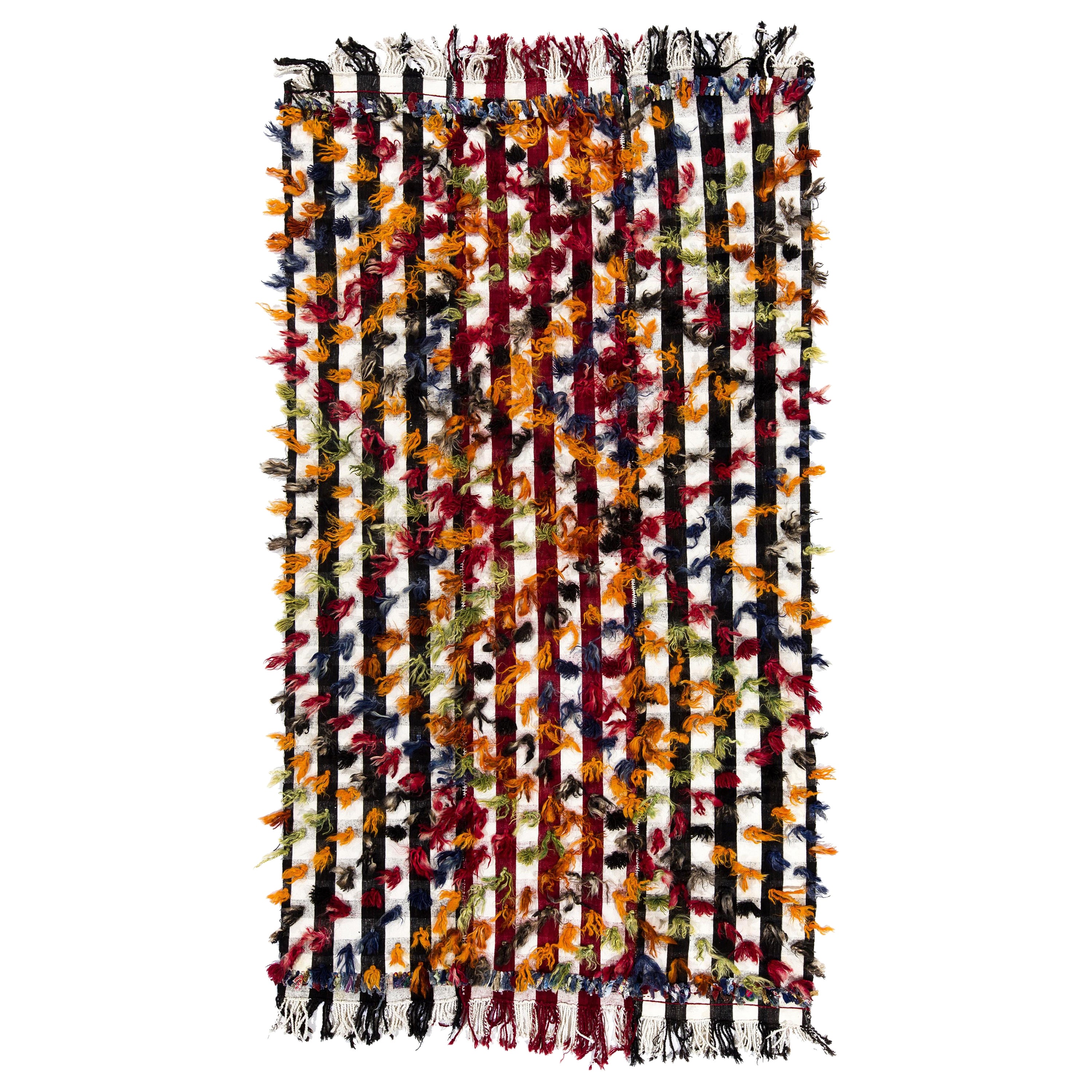 4.8x9 ft Banded Tribal Kilim Rug with Colorful Poms. Bed Cover, Wall Hanging For Sale