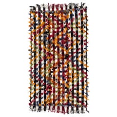 Vintage 4.8x9 ft Banded Tribal Kilim Rug with Colorful Poms. Bed Cover, Wall Hanging