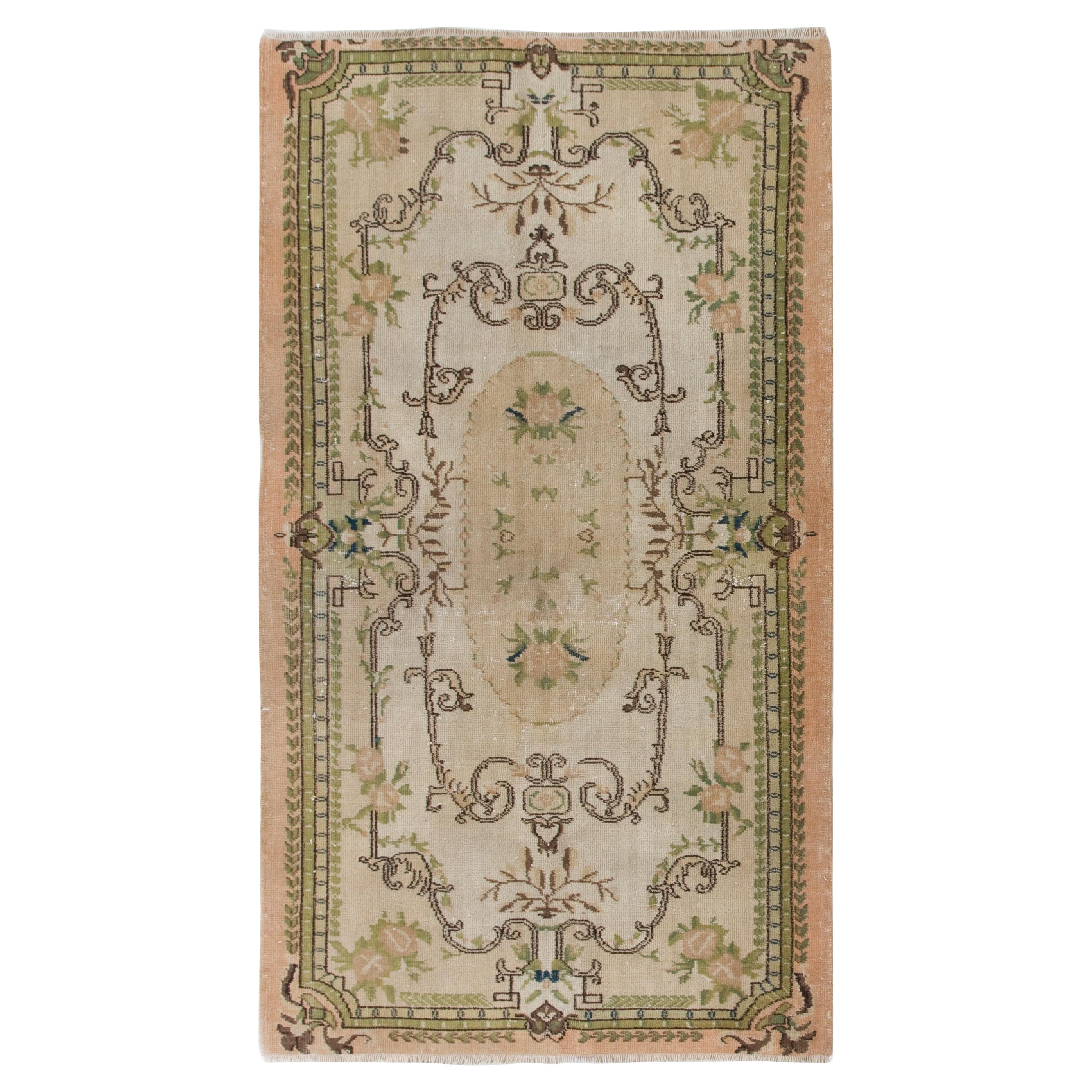 4x6.8 Ft Vintage Aubusson Inspired Turkish Handmade Wool Rug in Soft Colors For Sale