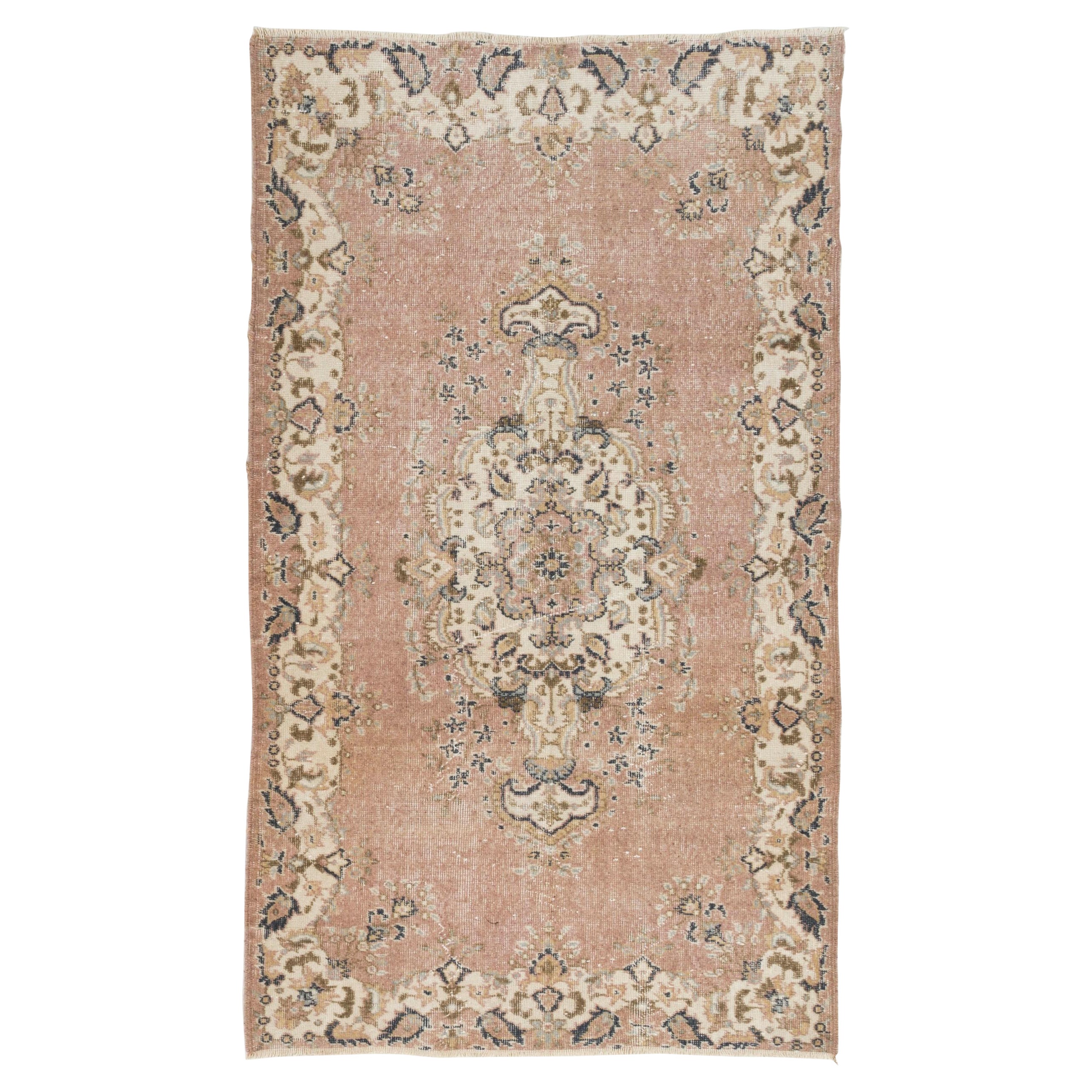 4x6.7 ft Vintage Hand-Knotted Turkish Wool Rug in Coral Pink, Ivory For Sale