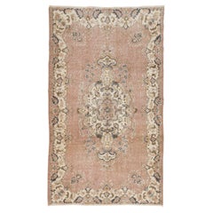 4x6.7 ft Vintage Hand-Knotted Turkish Wool Rug in Coral Pink, Ivory