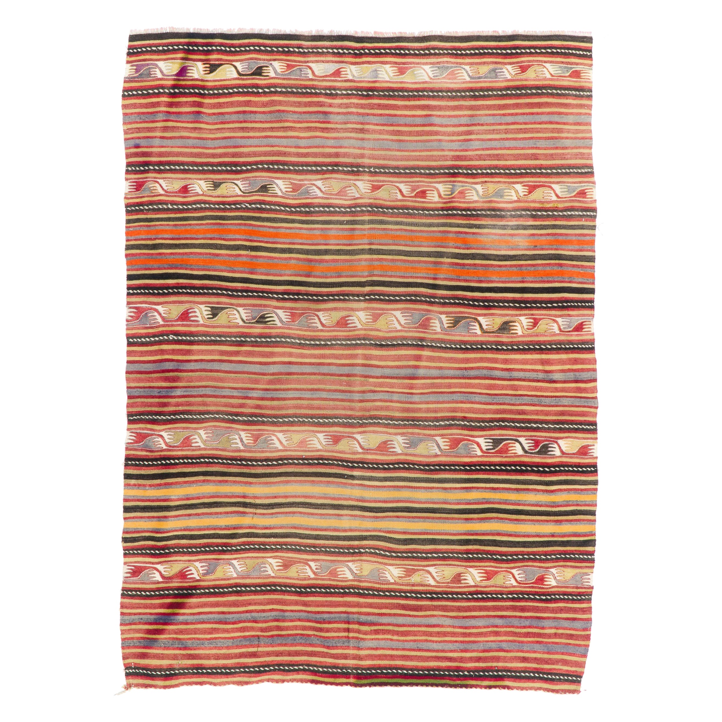 5.8x7.8 Ft Vintage Striped Pattern Turkish Kilim Rug. Flat-Weave Wool Carpet For Sale