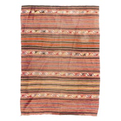 5.8x7.8 Ft Vintage Striped Pattern Turkish Kilim Rug. Flat-Weave Wool Carpet
